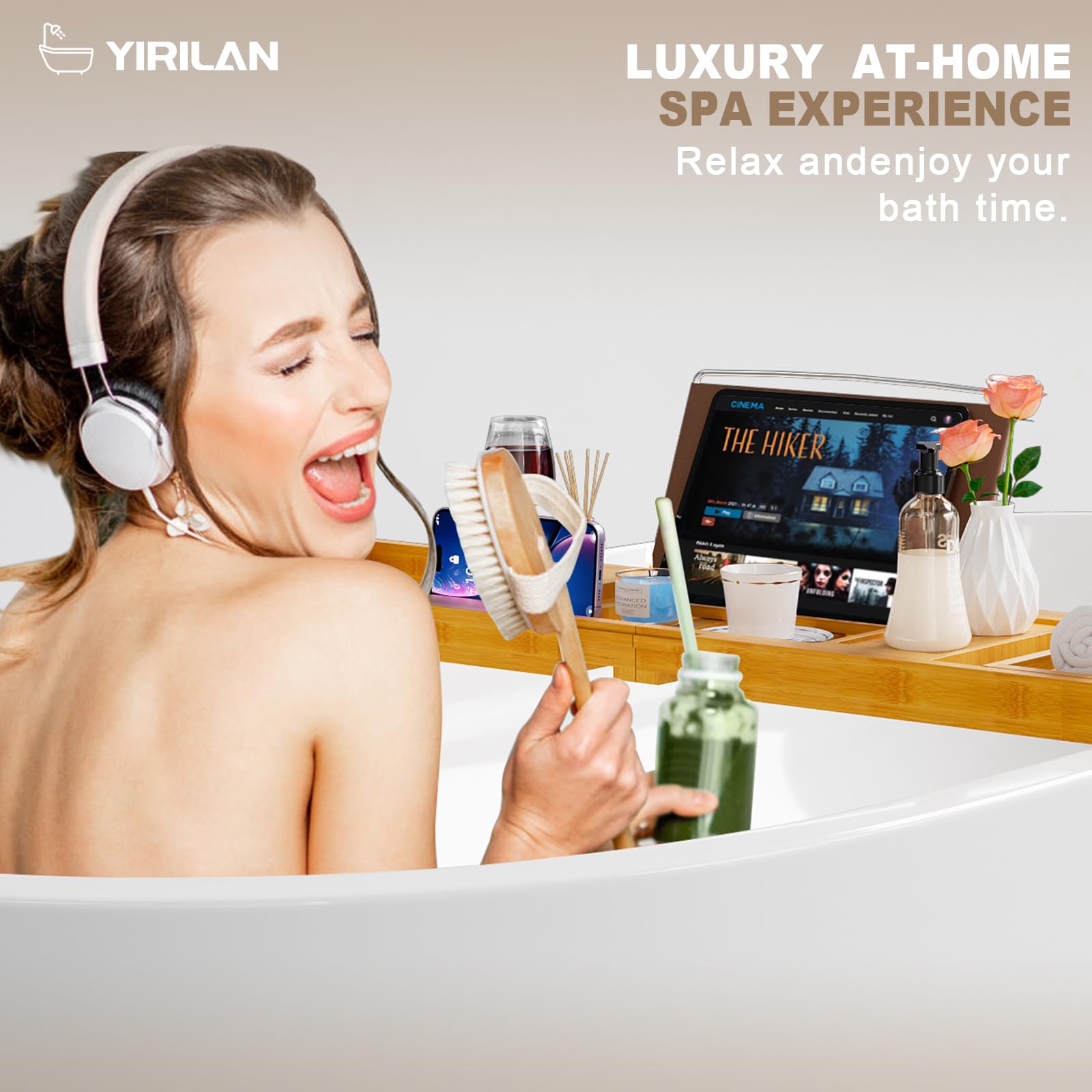 Yirilan Bamboo Bathtub Tray Caddy, Expandable Wooden Bathroom Tray, Luxury Bamboo Bathtub Tray, Bath Tub Table Caddy, Bamboo