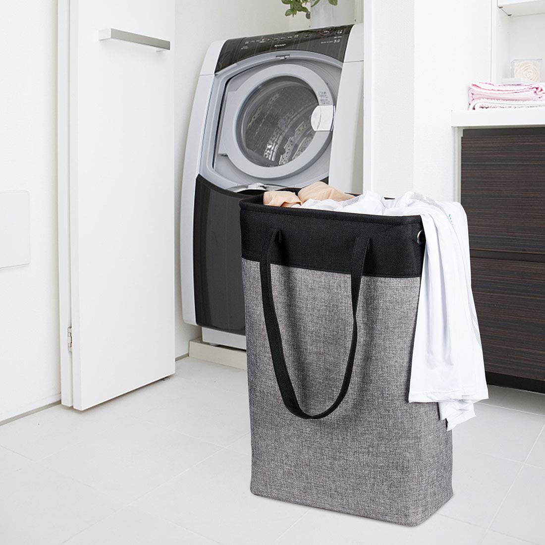 i BKGOO Laundry Basket with Handles Black&Grey-Slim Laundry Bin Collapsible Dirty Clothes Basket Narrow Laundry Bag Foldable Dirty Hamper for Camping  Dorms  Apartments
