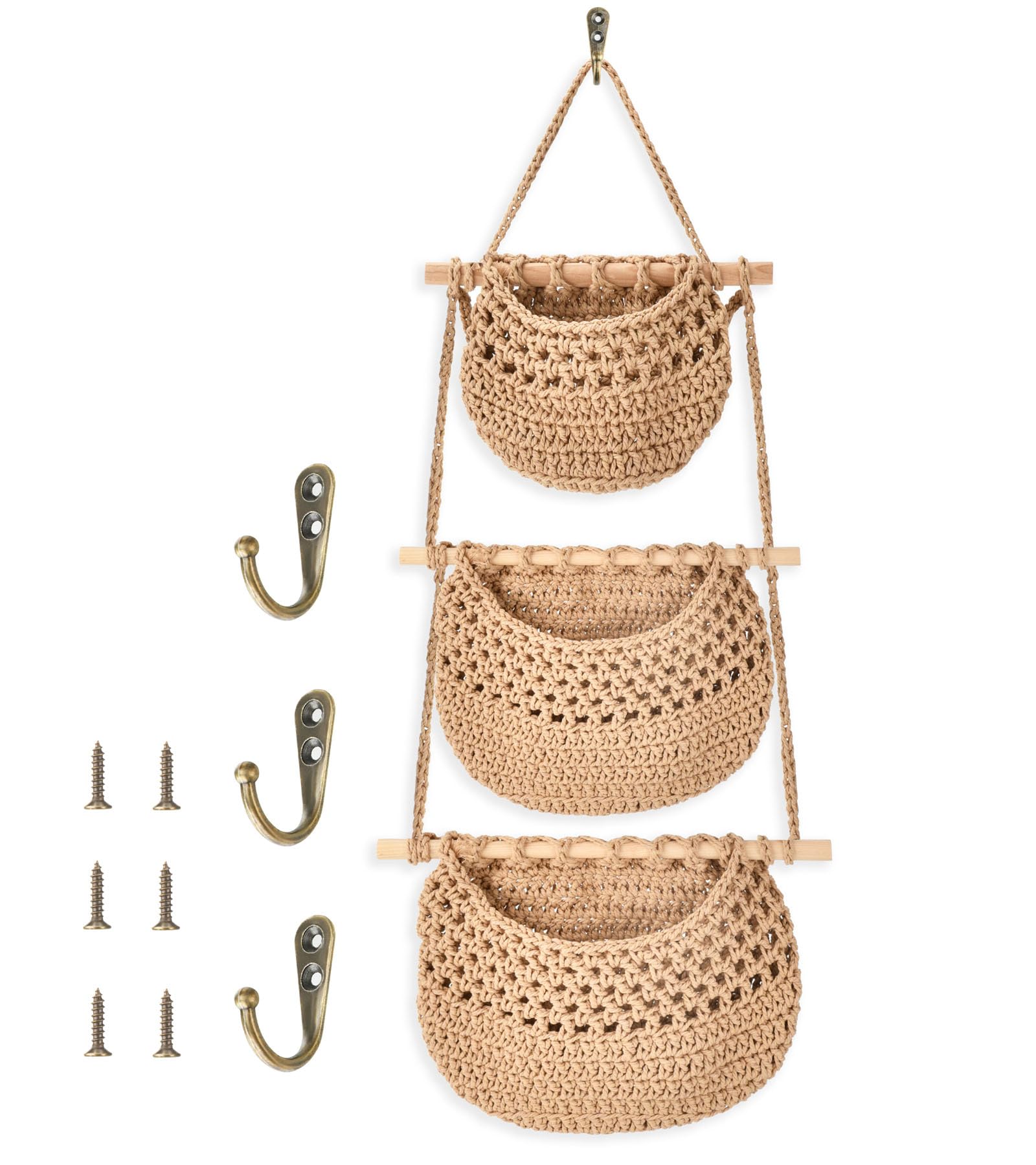 S Syxspecial 3 Tier Hanging Baskets For Organizing, Woven Jute Wall Fruit Basket, Hanging Storage Basket For Child Toys, Boho Wa