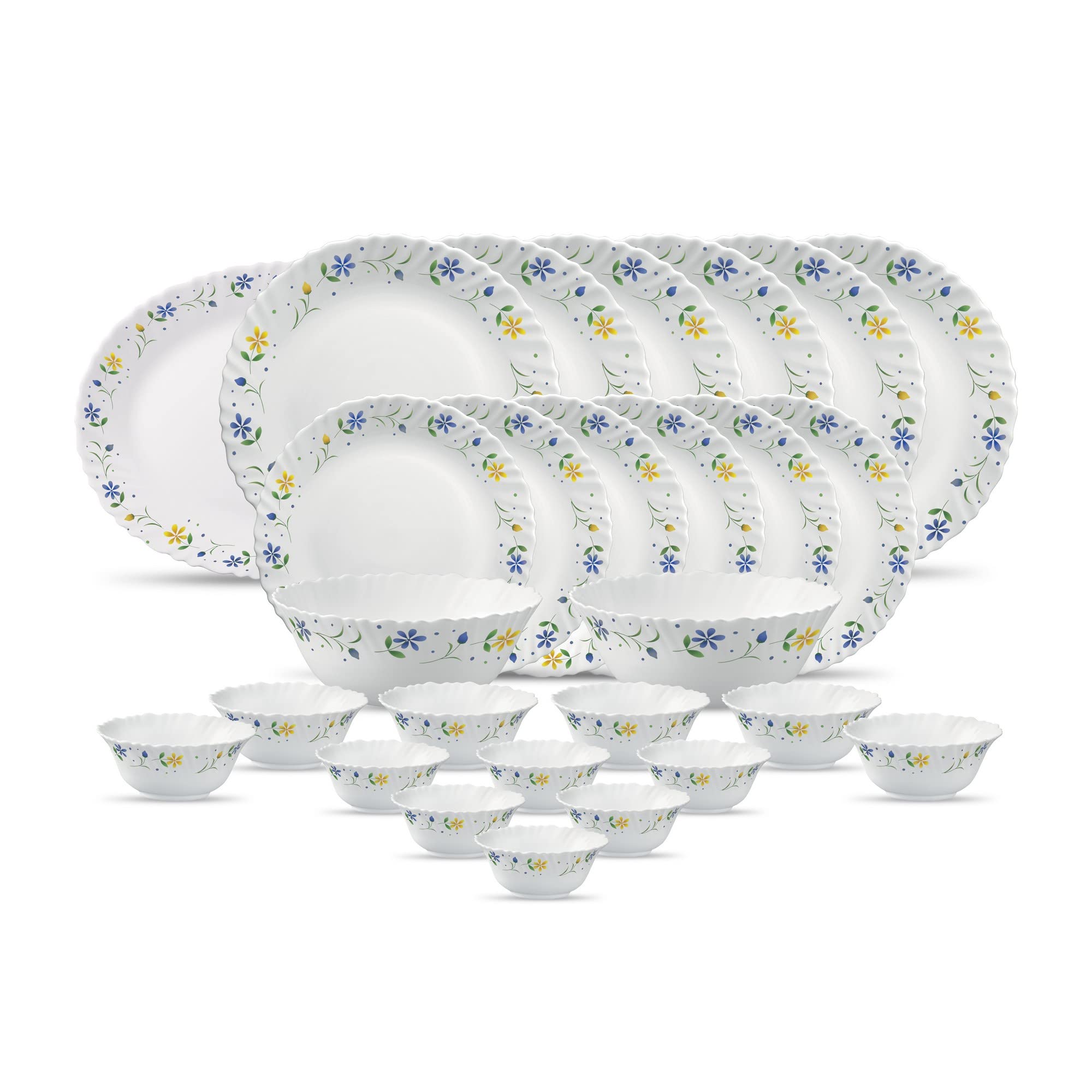 La Opala Diva, Classique Collection, Opal Glass Dinner Set 27 Pcs, Twilight Bouquet, White, Standard