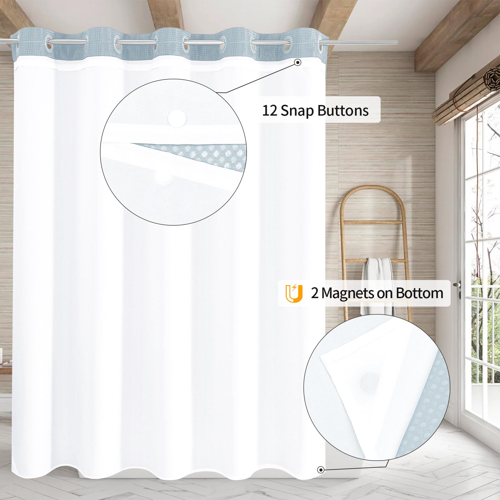 Mitovilla No Hooks Needed Blue Waffle Shower Curtain With Snap-In Liner, Modern Waffle Weave Heavy Duty Fabric Cloth Shower Curt