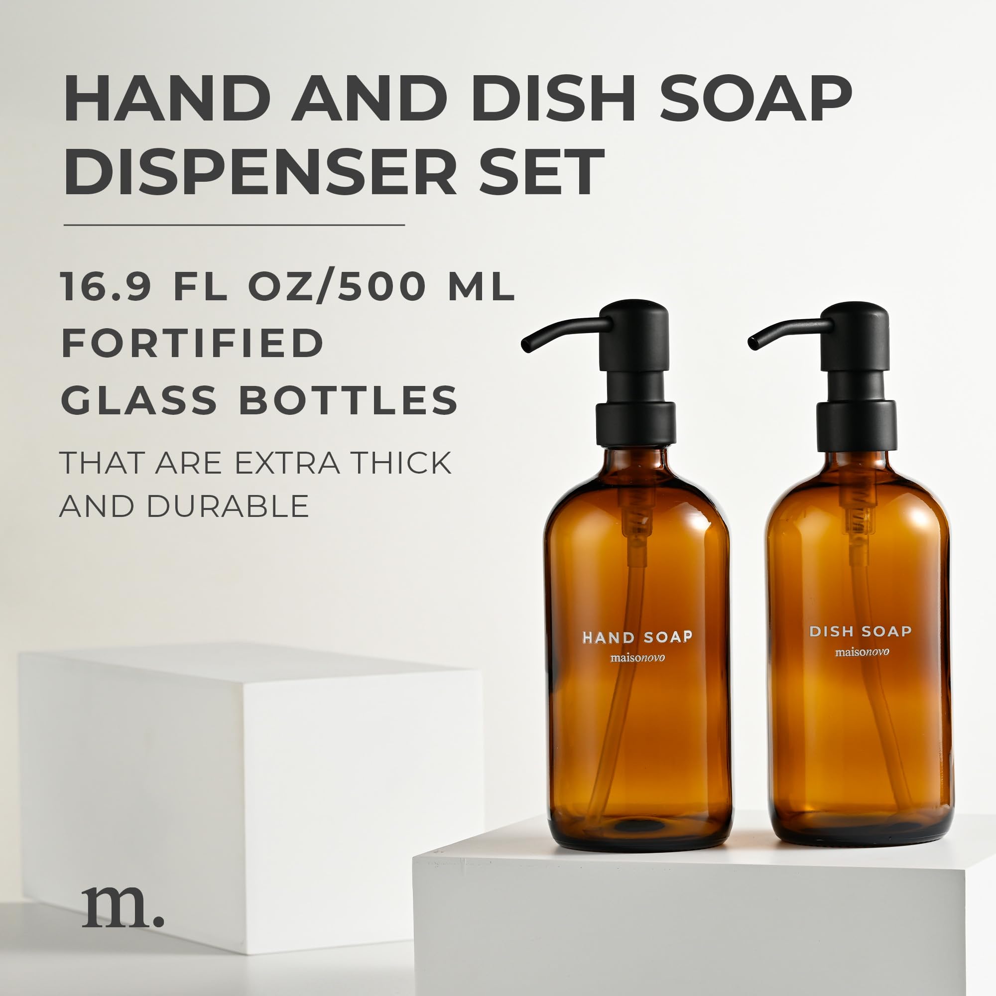 Maisonovo Amber Glass Soap Dispenser | 16.9 Fl Oz Amber Glass Black Pumps X 2