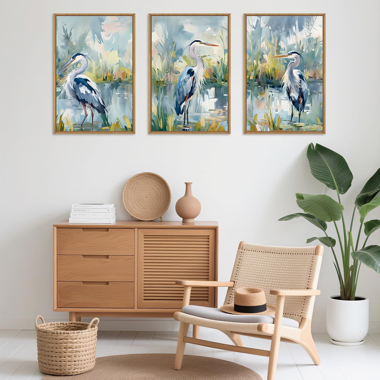 HLNIUC Great Blue Heron Wall Art Set of 3, Watercolor Coastal Bird Wall Decor(24x36), Wildlife Animal Illustrations Canvas Paint