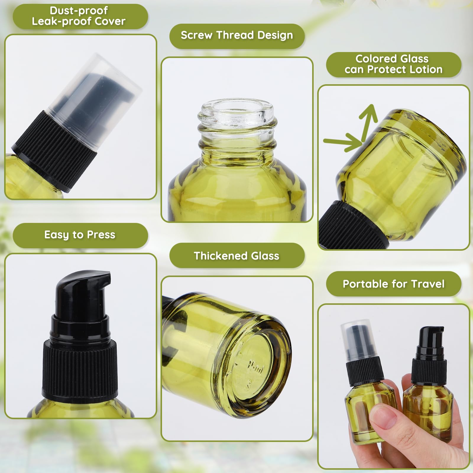 Segbeauty 6pcs Refillable Glass Creams Lotions Bottles, 0.5oz Empty Travel Glass Pump Bottle Lotion 1oz Lotion Pump Bottle Dispe