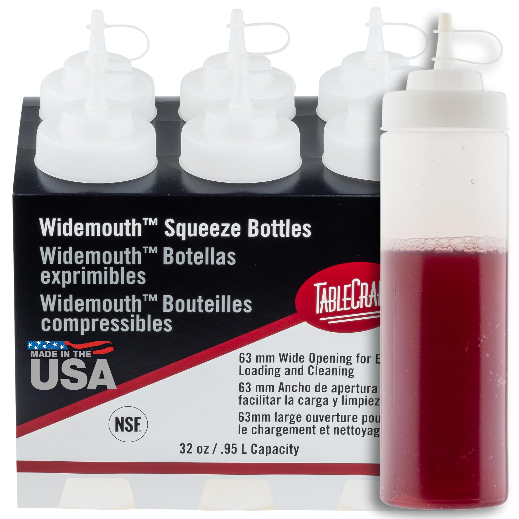 TableCraft 12634 Widemouth Condiment Squeeze Bottles, 63 mm Wide Opening, Cone-Tip Top, Tethered Cap, Clear Sauce Dispensers for