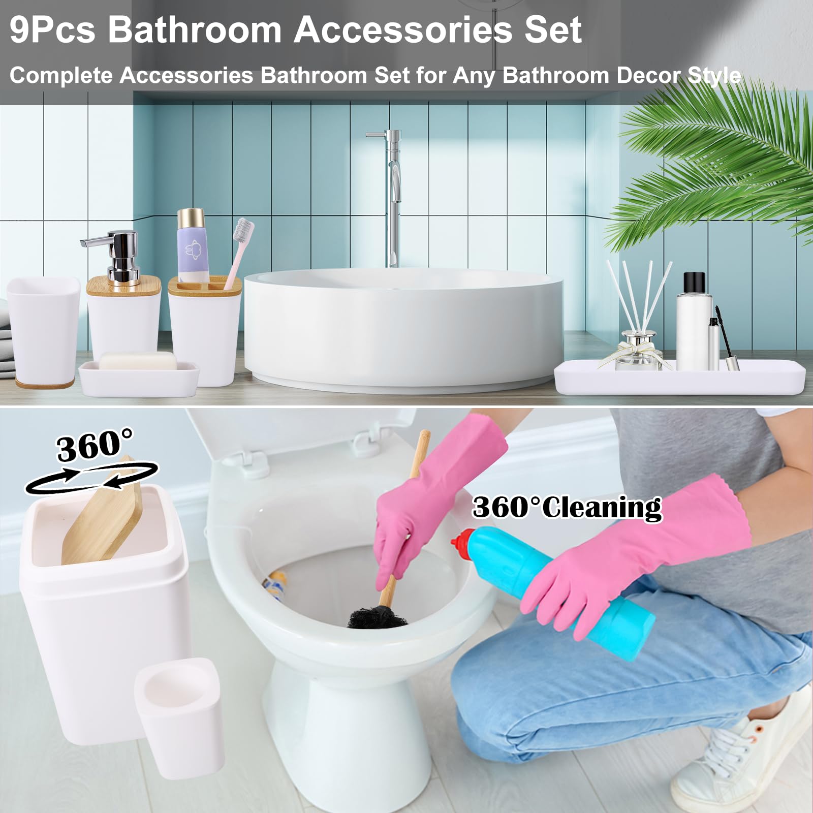 White Bathroom Accessories Set, 9 Piece Bathroom Accessory Set With Trash Can,Toothbrush Holder,Toothbrush Cup,Lotion Soap Dispe
