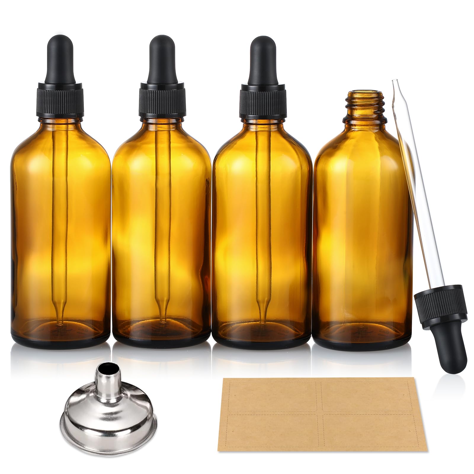 Aozita 4 Pack, 4Oz Amber Glass Dropper Bottles With 1 Funnel & 4 Lables - 120Ml Dark Brown Tincture Bottles With Eye Droppers -
