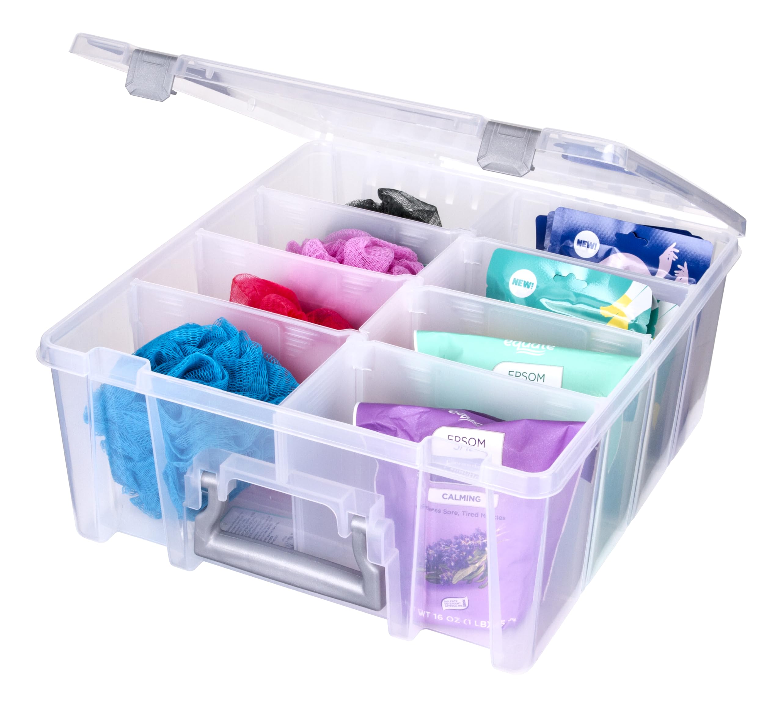 AB Designs 6990ABD Super Satchel Double Deep with Removable Dividers  Stackable Home Storage Organization Container  Clear with Sliver Latches and Handle