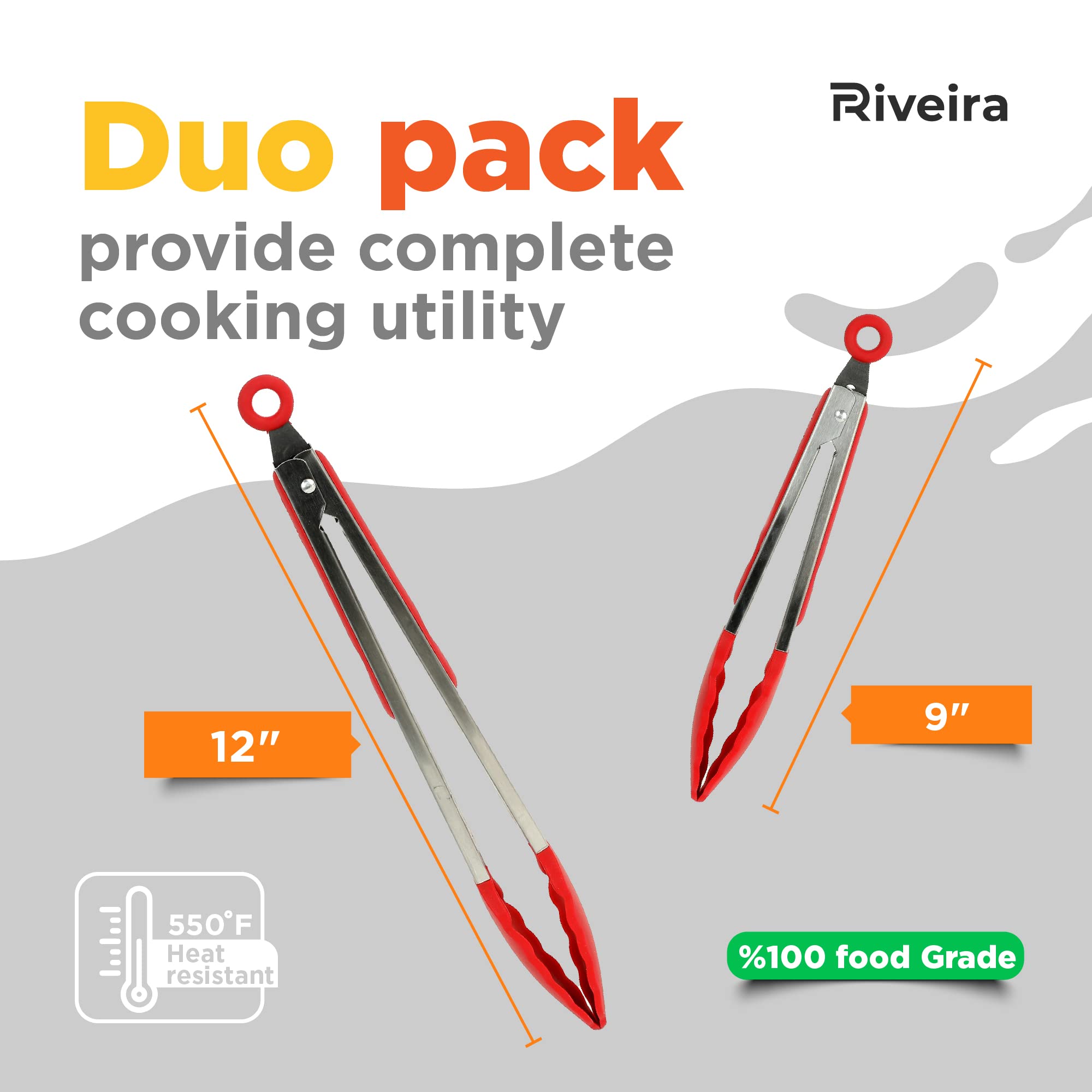 Riveira Red Tongs For Cooking With Silicone Tips | 9 And 12-Inch Pieces | Non-Stick Kitchen Grill Tongs | Bbq Tongs For Grill |
