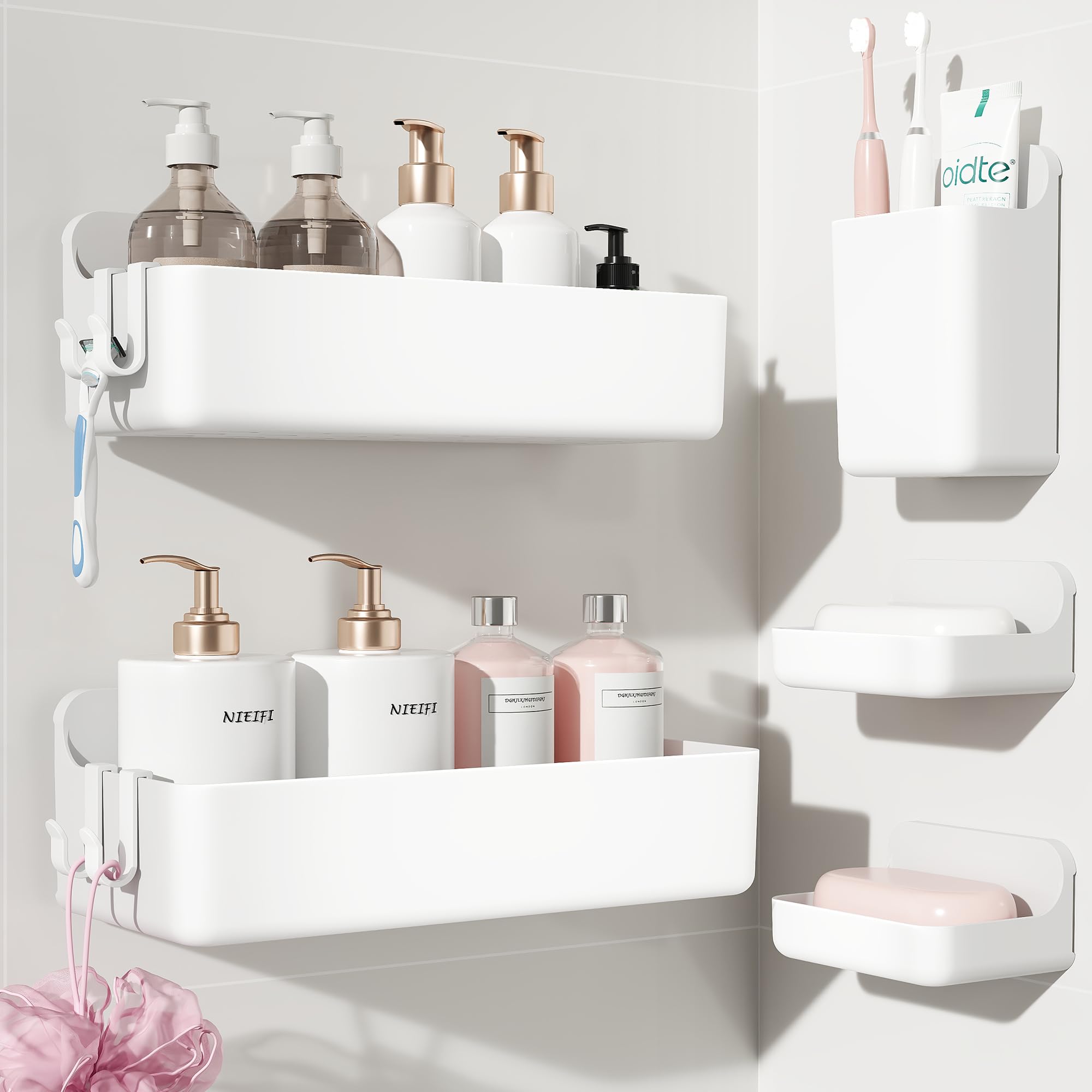 Nieifi Adhesive Wall Shelf, Shower Sheves 5 Pack with Soap Holder, Shower Organizer for Bathroom Organization, White