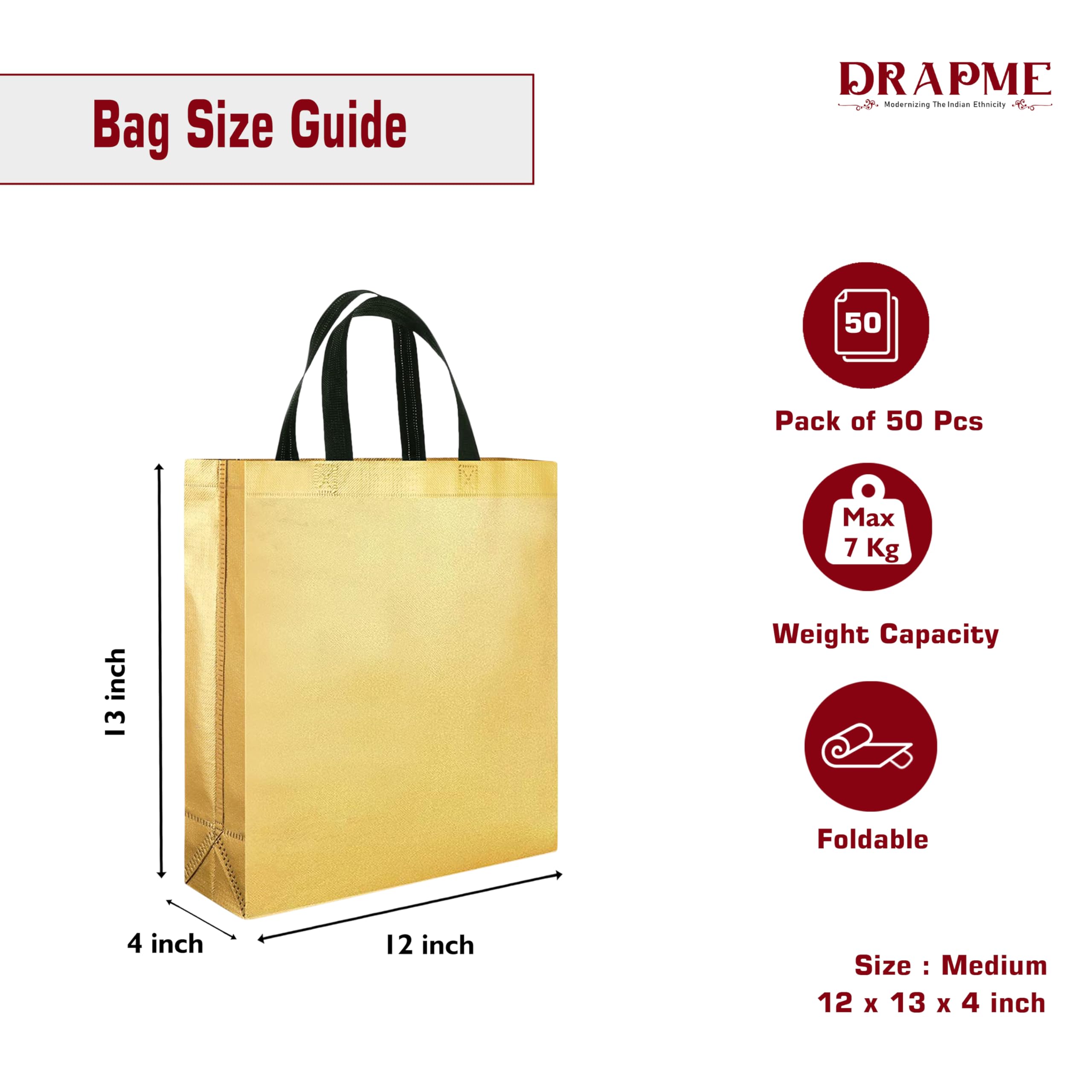 DRAPME Medium Size Pack of 50 Pcs Glossy Metallic Laminated Non-Woven Reusable Eco-Friendly Party Return Gift Bags (Golden) (Med
