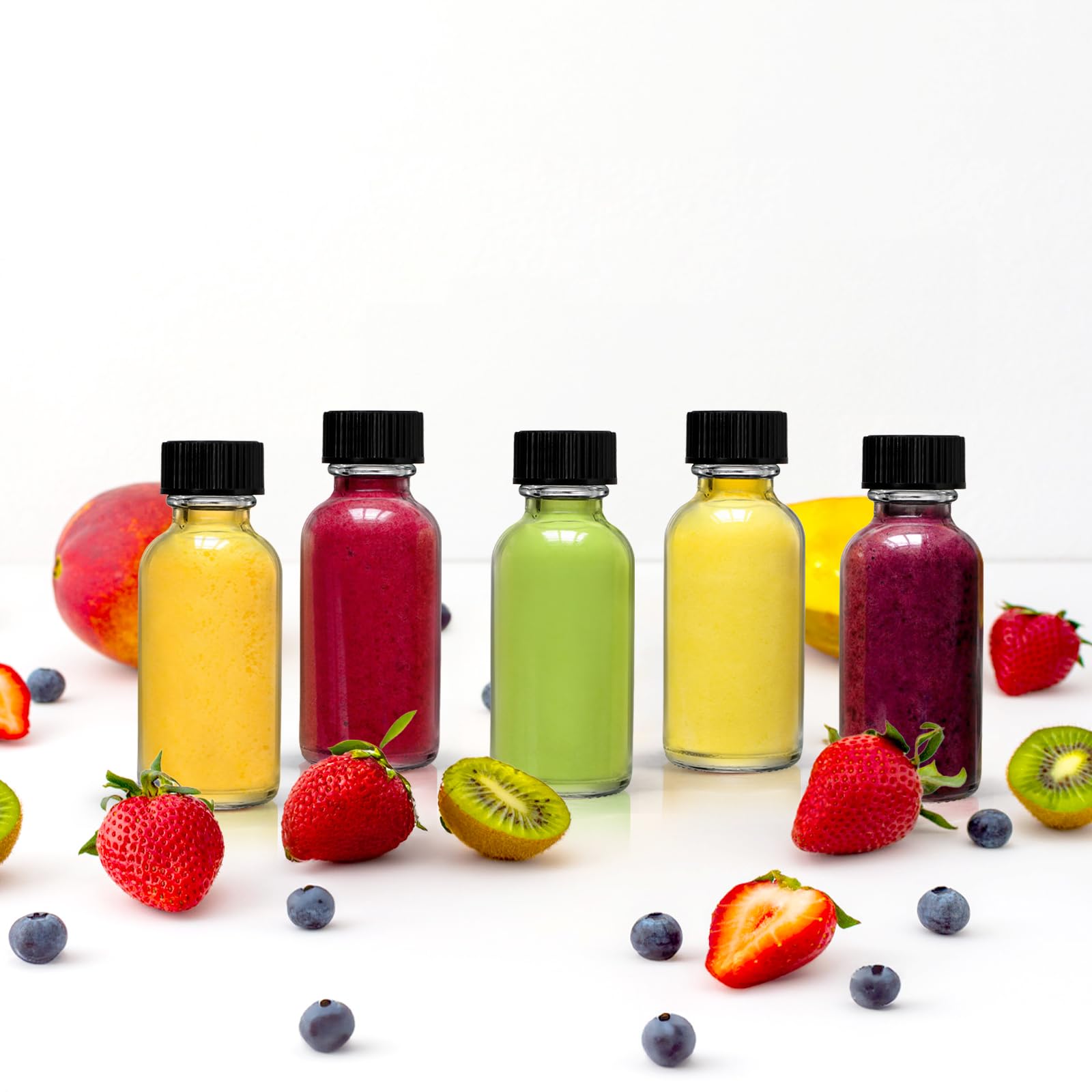 Bekith 30 Pack Boston Round Glass Bottle with Black Cap  1 oz Capacity  Clear