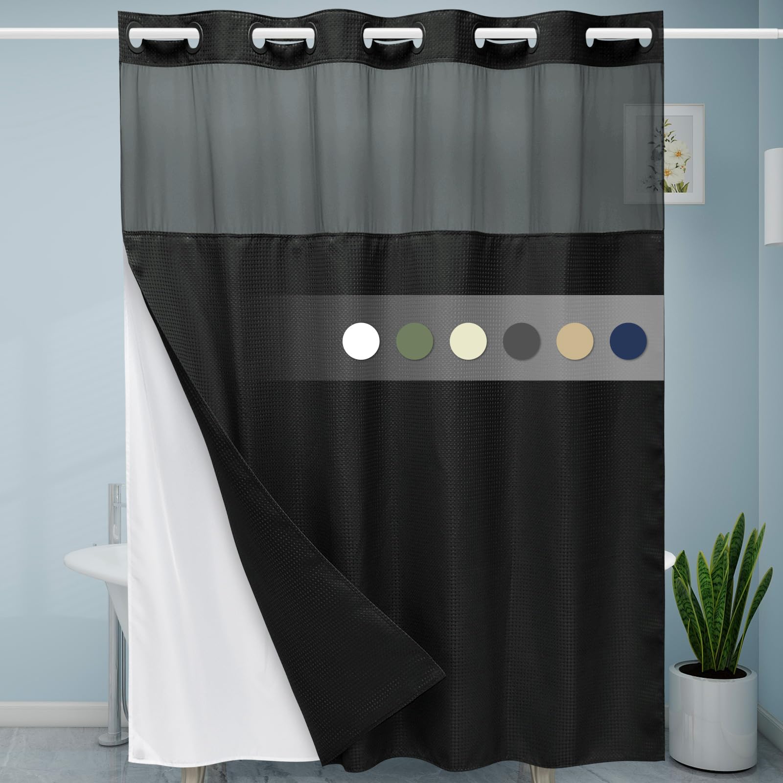 Eutxl Black Shower Curtain With Liner - 230Gsm Waffle Textured Heavy Duty Shower Curtains For Bathroom,71W X 74H