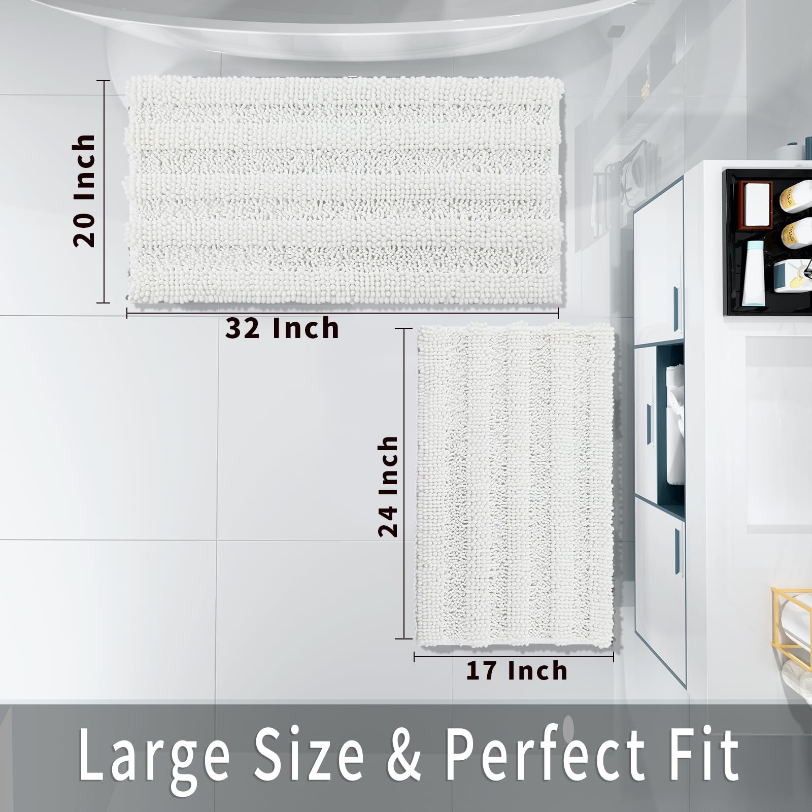 Yimobra Luxury Chenille Bathroom Rugs Sets 2 Piece  Extra Thick Non Slip Quick Dry Bath Mat for Shower Floor  Fluffy Shaggy Microfiber Absorbent Machine Washable Bathmat (White  20 '' x 32 ''+17 '' x 24 '')