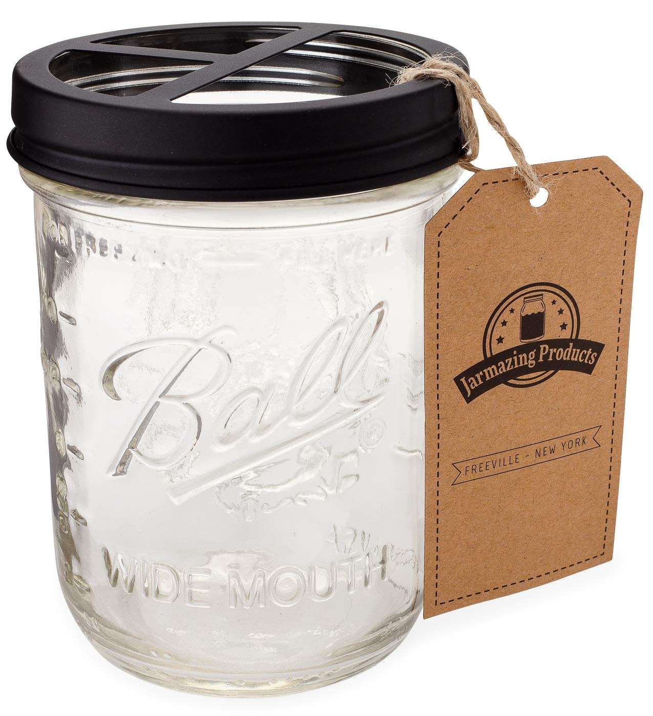 Jarmazing Products Mason Jar Toothbrush Holder - Black - With 16 Ounce Ball Mason Jar - Made From Rust-Proof Stainless Steel