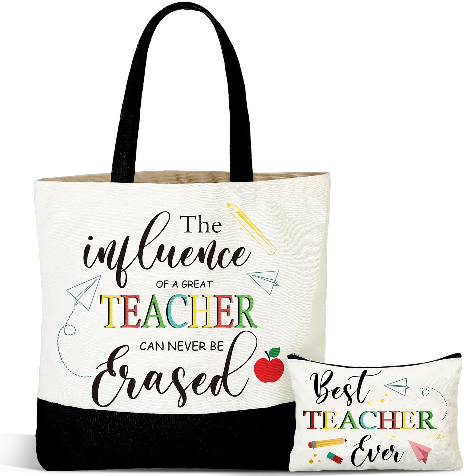 2 Pcs Teacher Appreciation Gift Set - Rainbow Christmas Canvas Tote With Makeup Bag, Survival Kit for Xmas and Graduation (Words