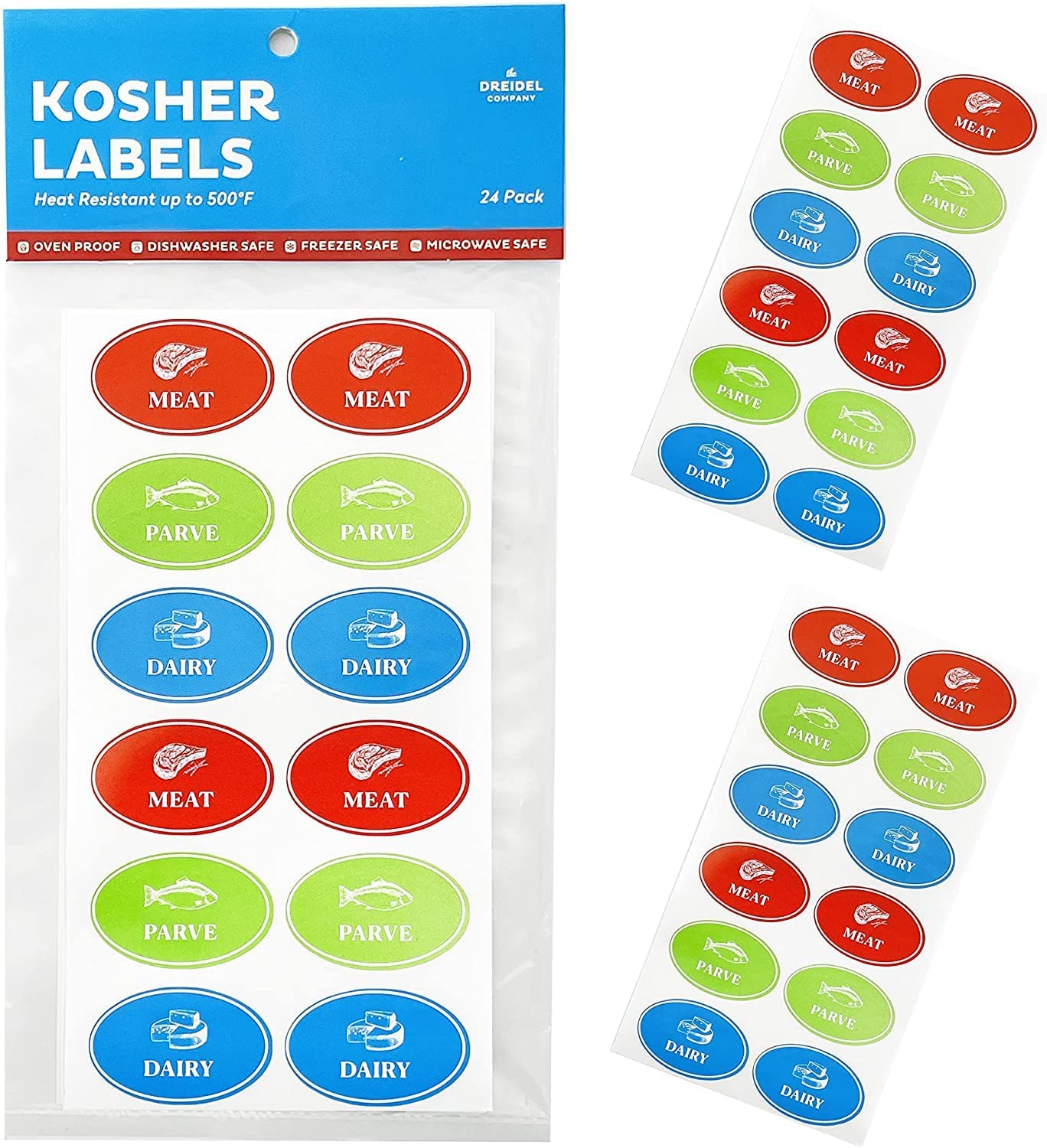 The Dreidel Company Assorted Kosher Labels, 16 Blue Dairy, 16 Red Meat, 16 Green Parve Stickers, Oven Proof Up To 500, Freezable