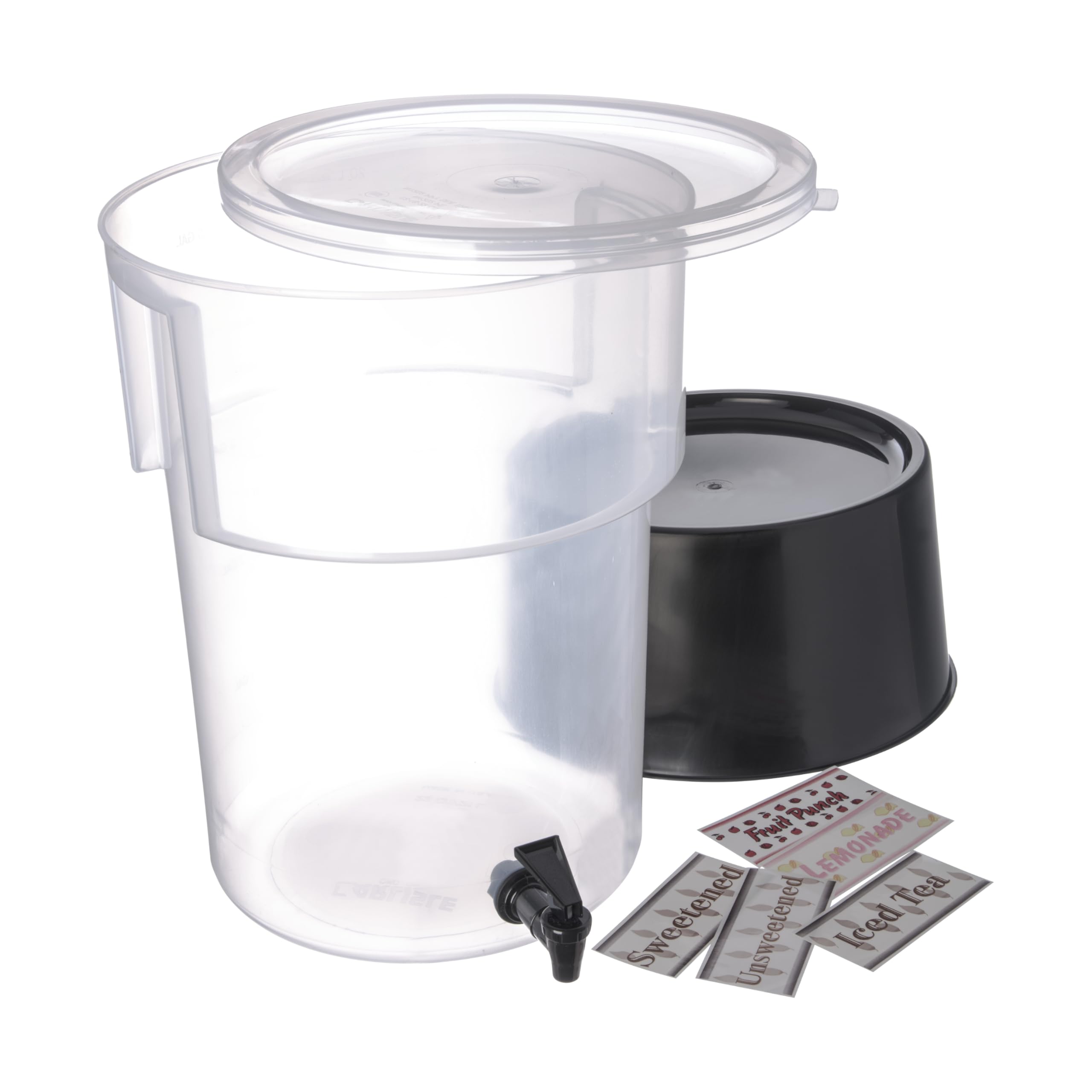 Carlisle FoodService Products 222903 Polypropylene Round Beverage Dispenser with Base  5 gal. Capacity  12-3/8'' Dia. x 21-1/2'' H  Black Base