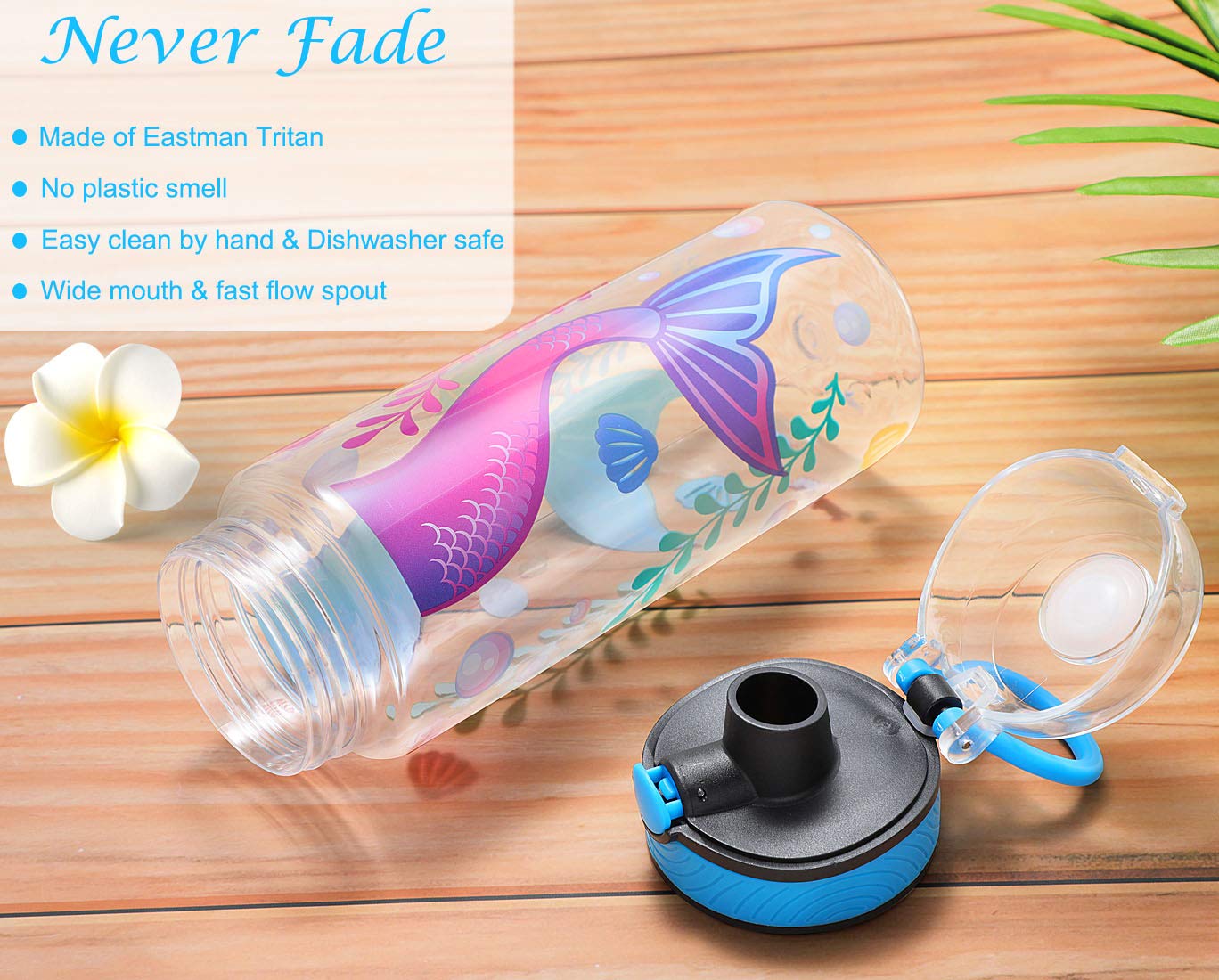 Cute Water Bottle For School Kids Girls, Bpa Free Tritan & Leak Proof & Easy Clean & Carry Handle, 23Oz/ 680Ml - Mermaid