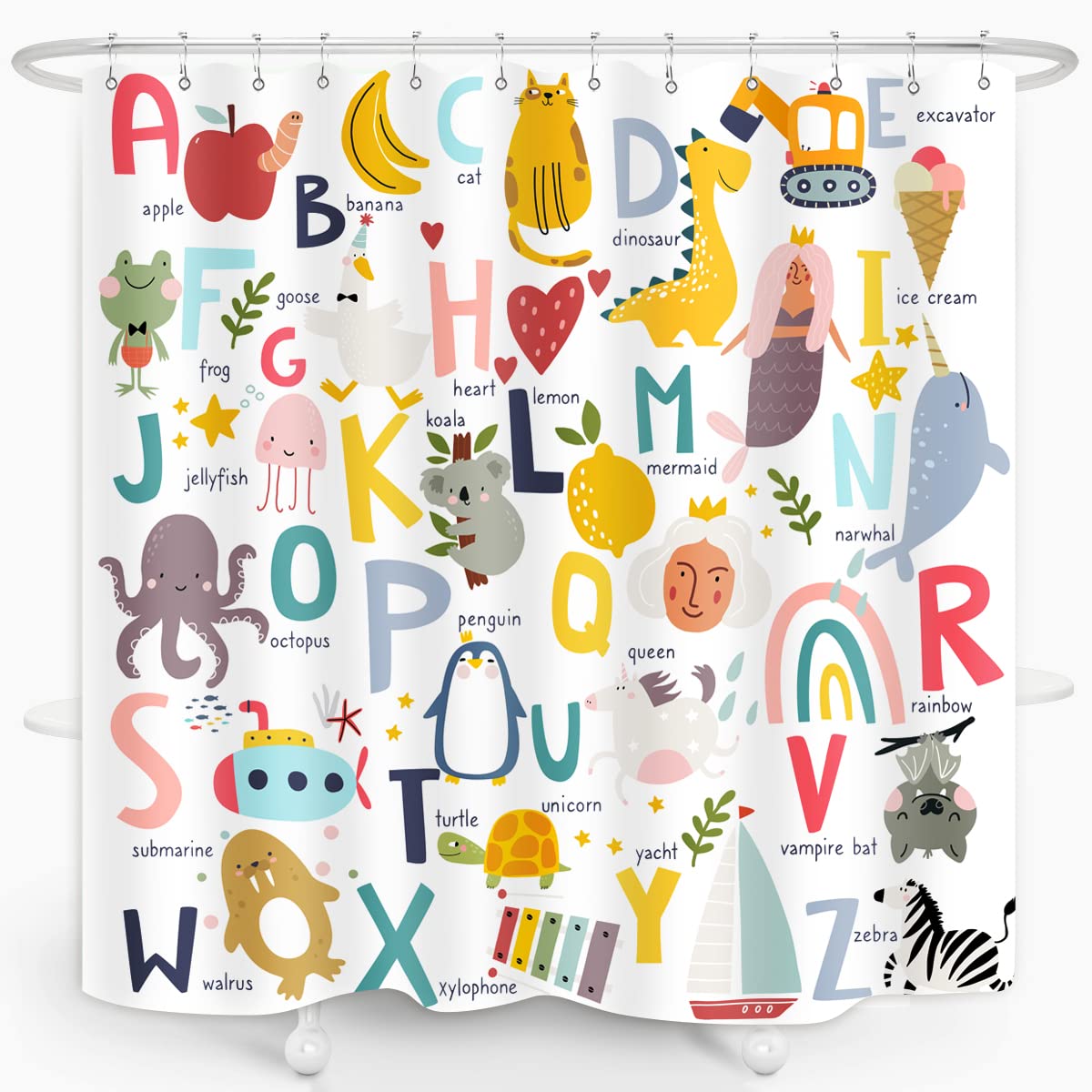 Zxmbf Alphabet Shower Curtain Kids Abc Educational Learning Tool Baby Cartoon Animals Girls Boys Colorful Bathroom Decor Waterpr