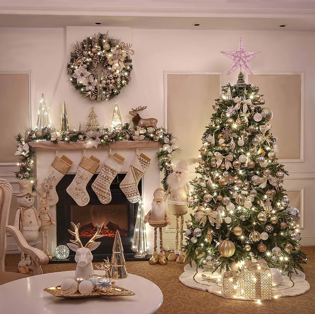 Christmas Tree Toppers Xmas Glitter Pink Hollow Star Treetop Topper for Christmas Tree Decoration