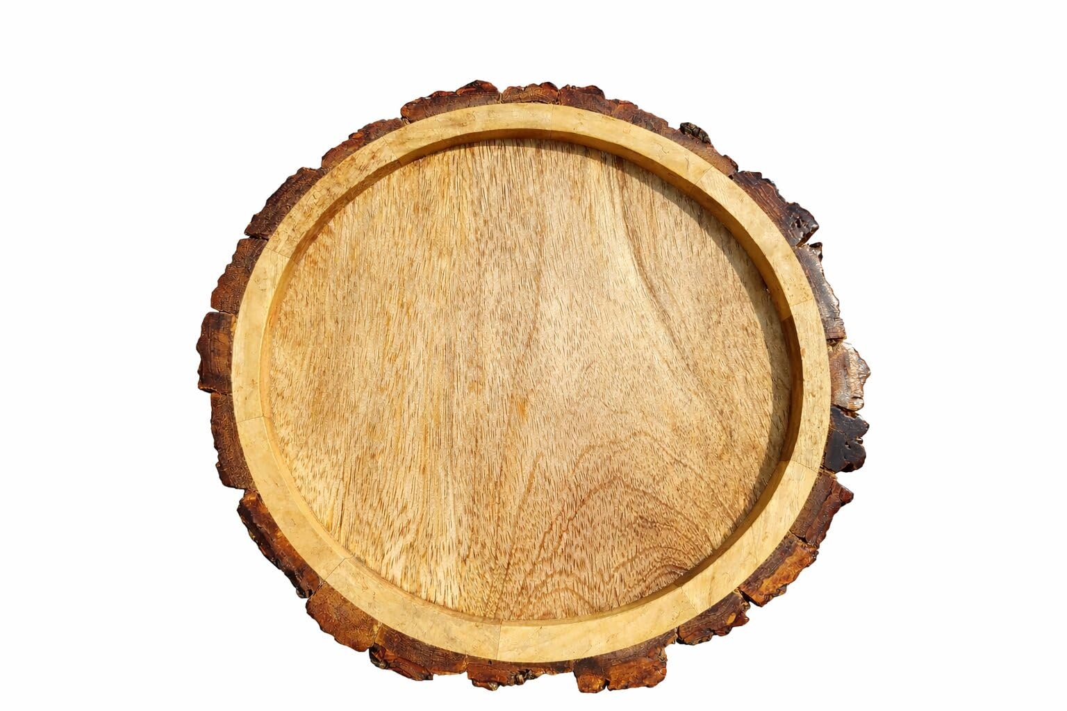 Auranest Decors Round Wooden Serving Tray With Tree Bark Edge 10 Inch | Rustic Natural Edge Tea & Snack Tray For Kitchen, Dining