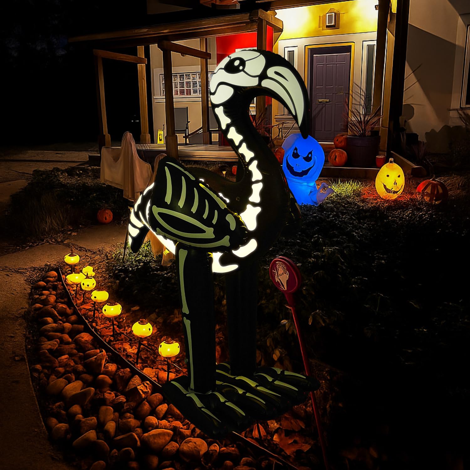 LaRandom 1 Pack 5 FT Giant Halloween Inflatable PVC Flamingo Glow in The Dark Blow up Skeleton Flamingo with Built in LED Lights