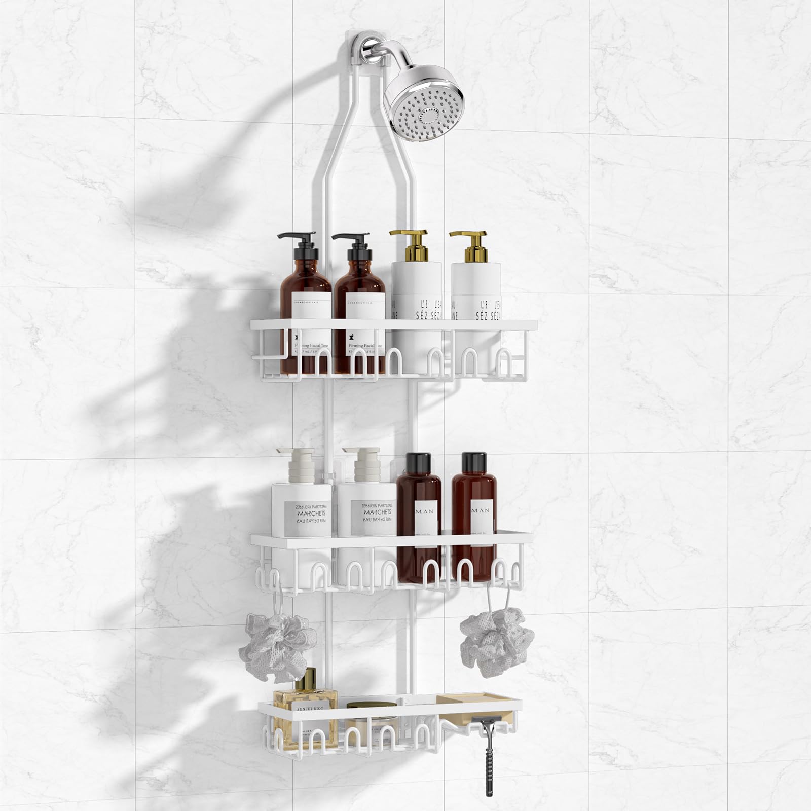 Amawarm Shower Caddy,Rustproof Shower Shelves Over Shower Head,Extended Length shower rack with Soap HoSlder,White