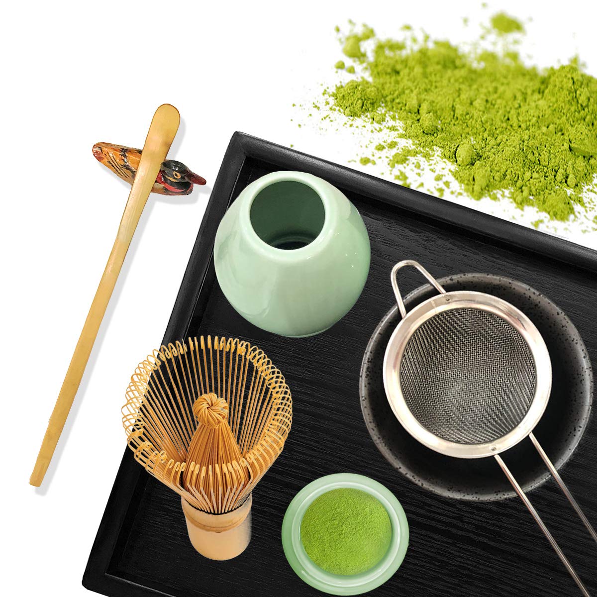 Artcome Japanese Matcha Tea Set, Matcha Whisk, Traditional Scoop, Matcha Bowl, Black Bamboo Tray, Ceramic Whisk Holder, Matcha C
