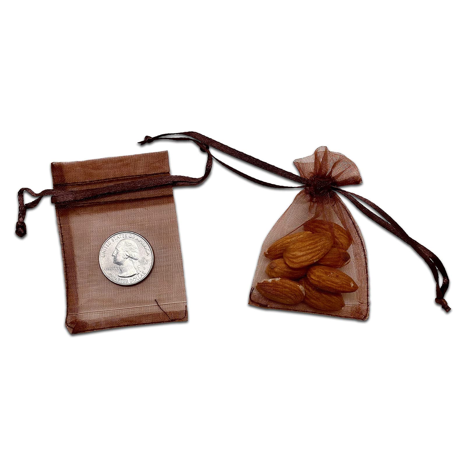 Thedisplayguys 100-Pack Xs 2 X 2 3/4'' Brown Sheer Organza Gift Bags With Drawstring, Jewelry Candy Treat Wedding Party Favors M