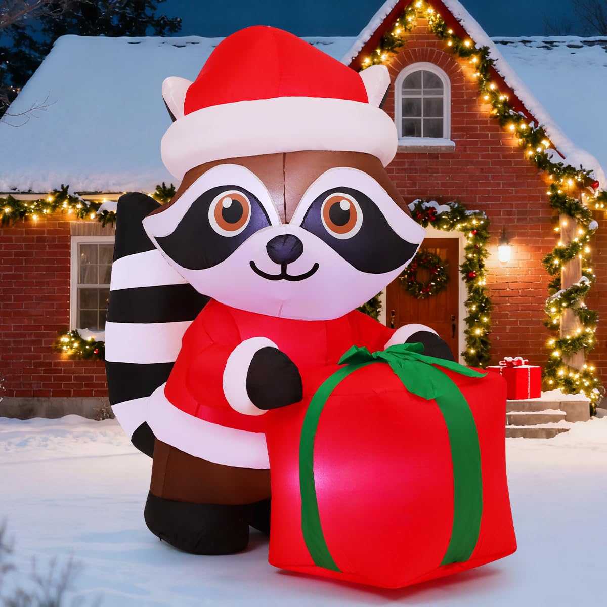 COMIN 5.2 FT Christmas Inflatables Outdoor Decorations Inflatable Raccoon Hold Gift Package Blow ups with Built-in LEDs for Yard