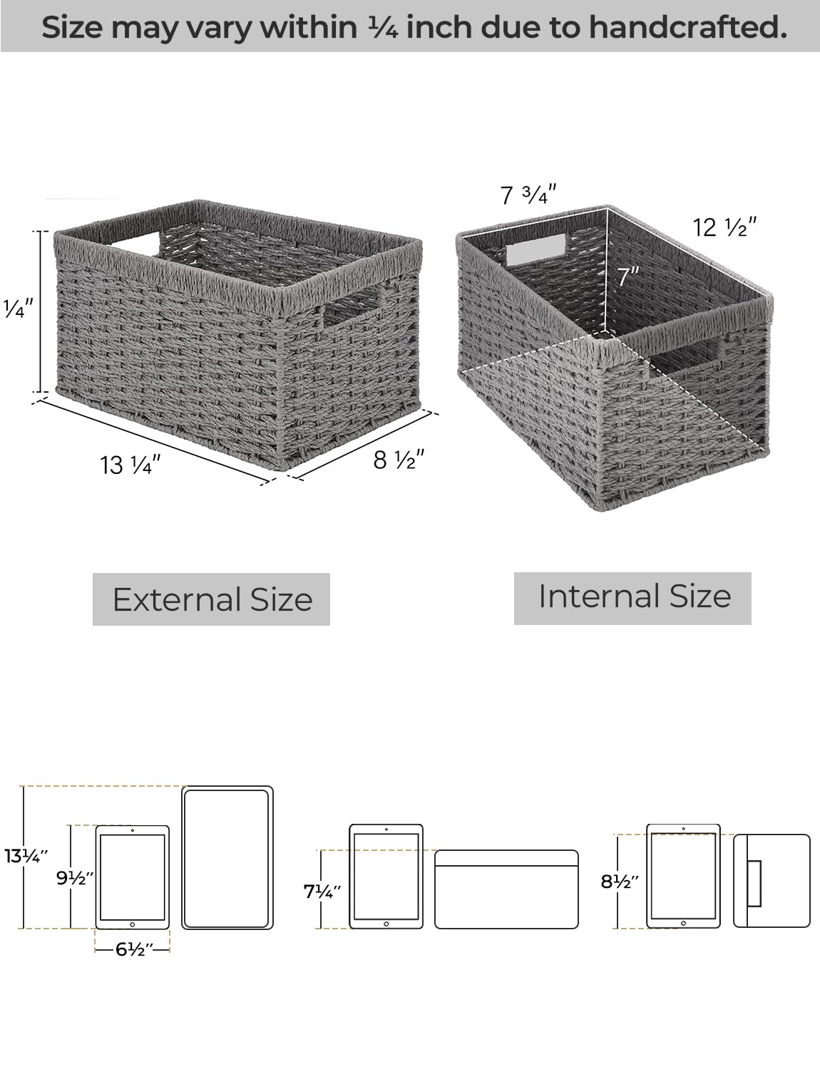 Storageworks Round Paper Rope Storage Baskets, Rectangular Wicker Baskets With Built-In Handles, Gray, 2-Pack