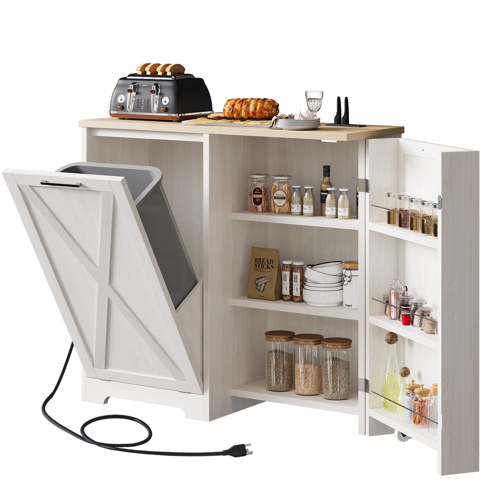 Dwvo Tilt Out Trash Can Cabinet, Cabinet Trash Can Garbage Can Cabinet With Power Outlet/Adjustable Shelves, Trash Bin Cabinet T