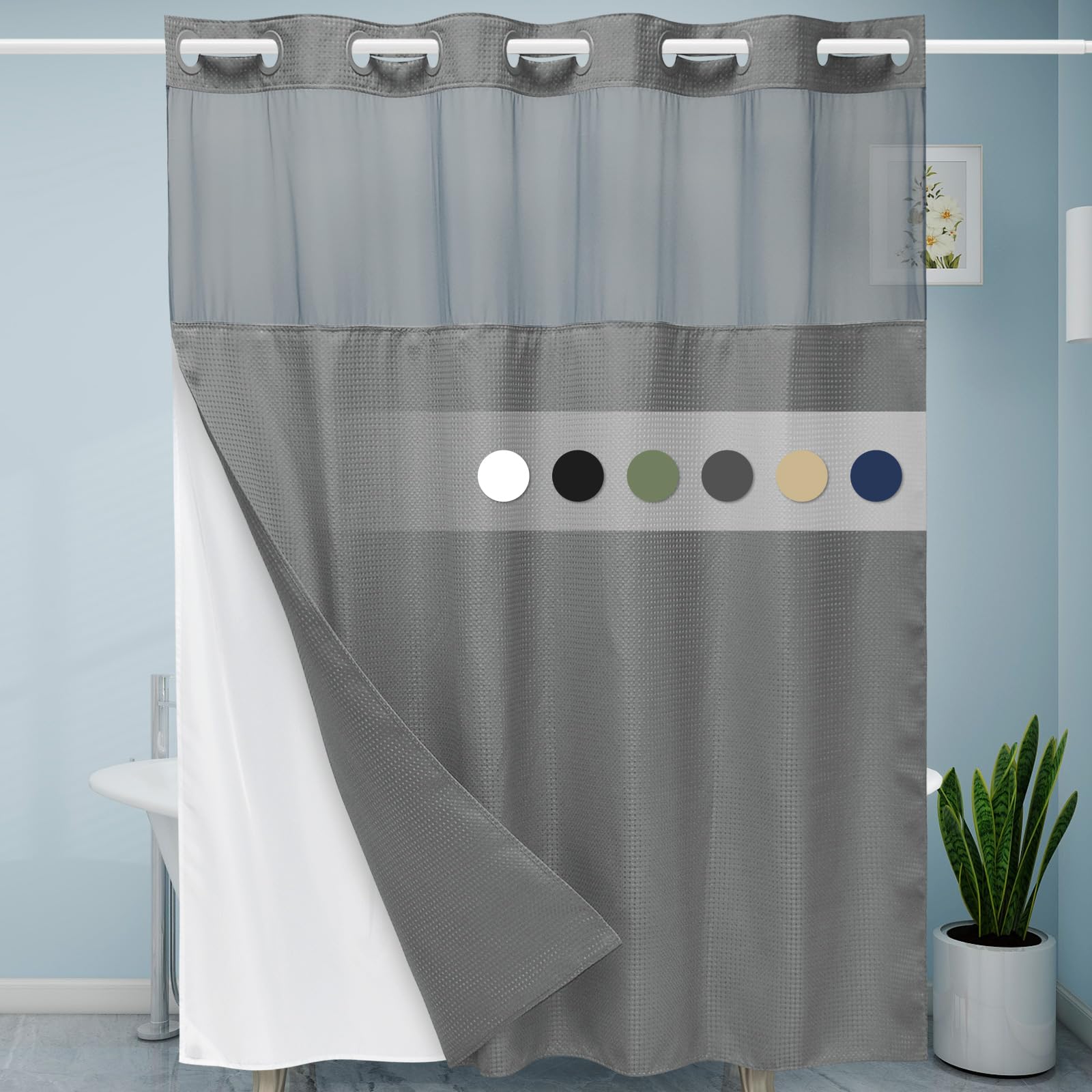 Eutxl Grey Shower Curtain And Liner Set - 230Gsm Waffle Weave Textured Heavy Duty,Hotel Luxury Weighted Bath Curtain,71W X 74H