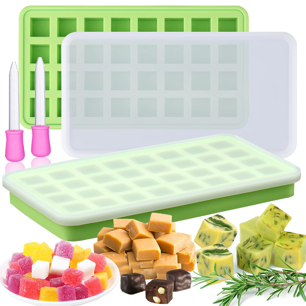 Aiersa 2Pcs Silicone Molds For Herb-Infused Oil Cubes, 32 Cavity Candy Gummy Molds With Lids & 2 Droppers For Diy 5/8X5/8X5/8In