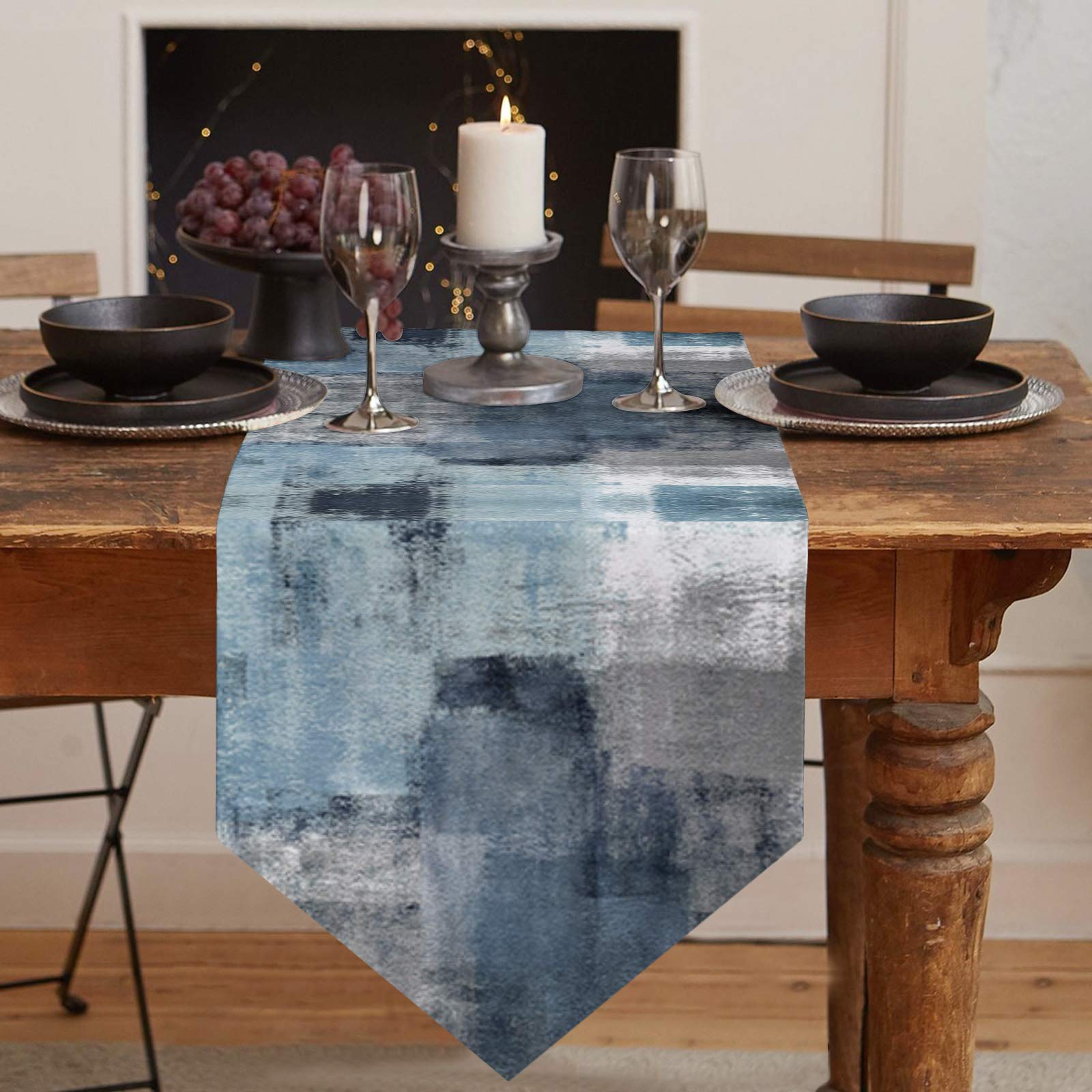Abstract Art Painting Table Runner Farmhouse Style Burlap Table Runner Blue And Grey Table Runners For Family Kitchen Dinning Ta
