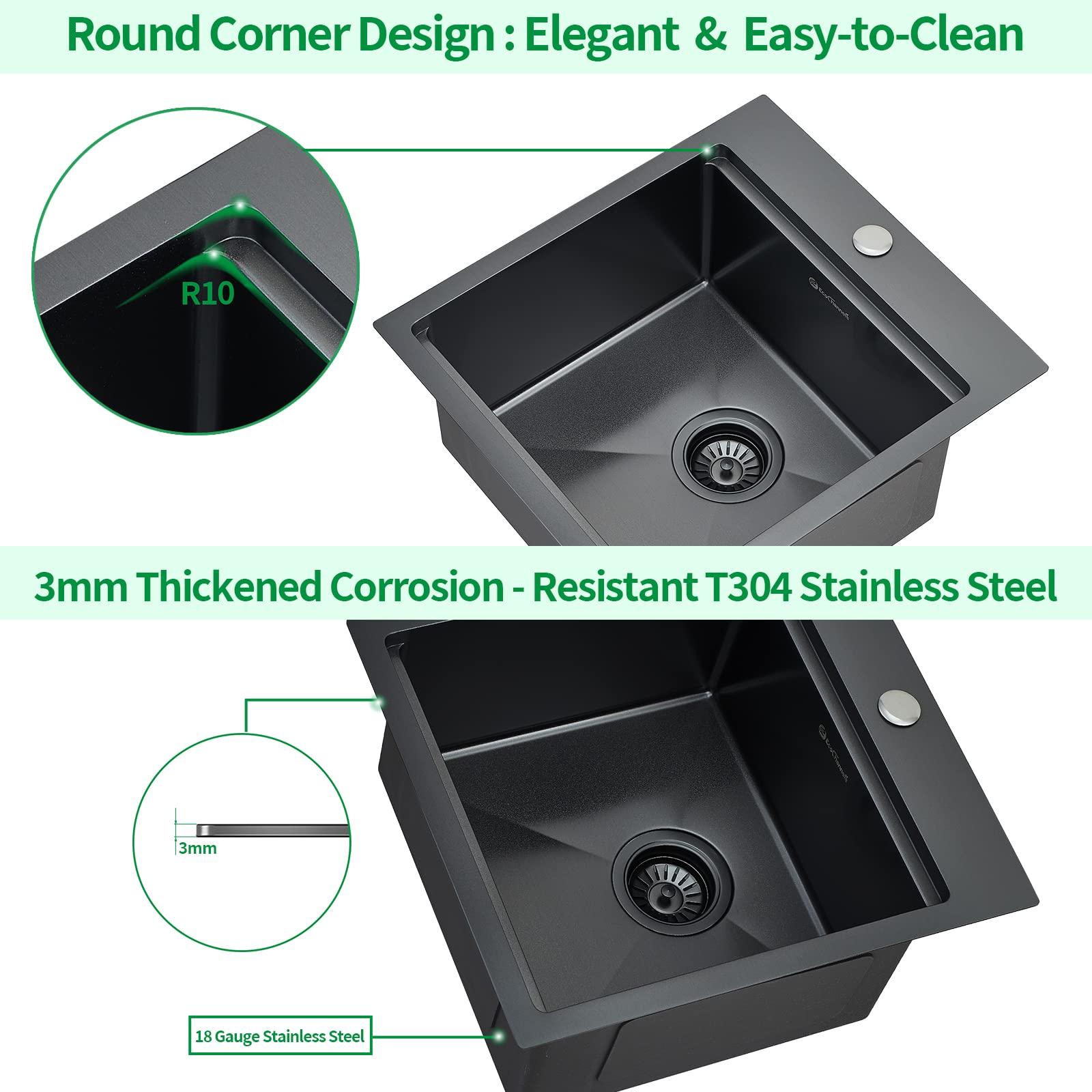 Ecochannels Kitchen Sink, 17 X 19 Inch Drop In Bar Sink Gunmetal Black Stainless Steel Workstation Sink Topmount Kitchen Sink Si