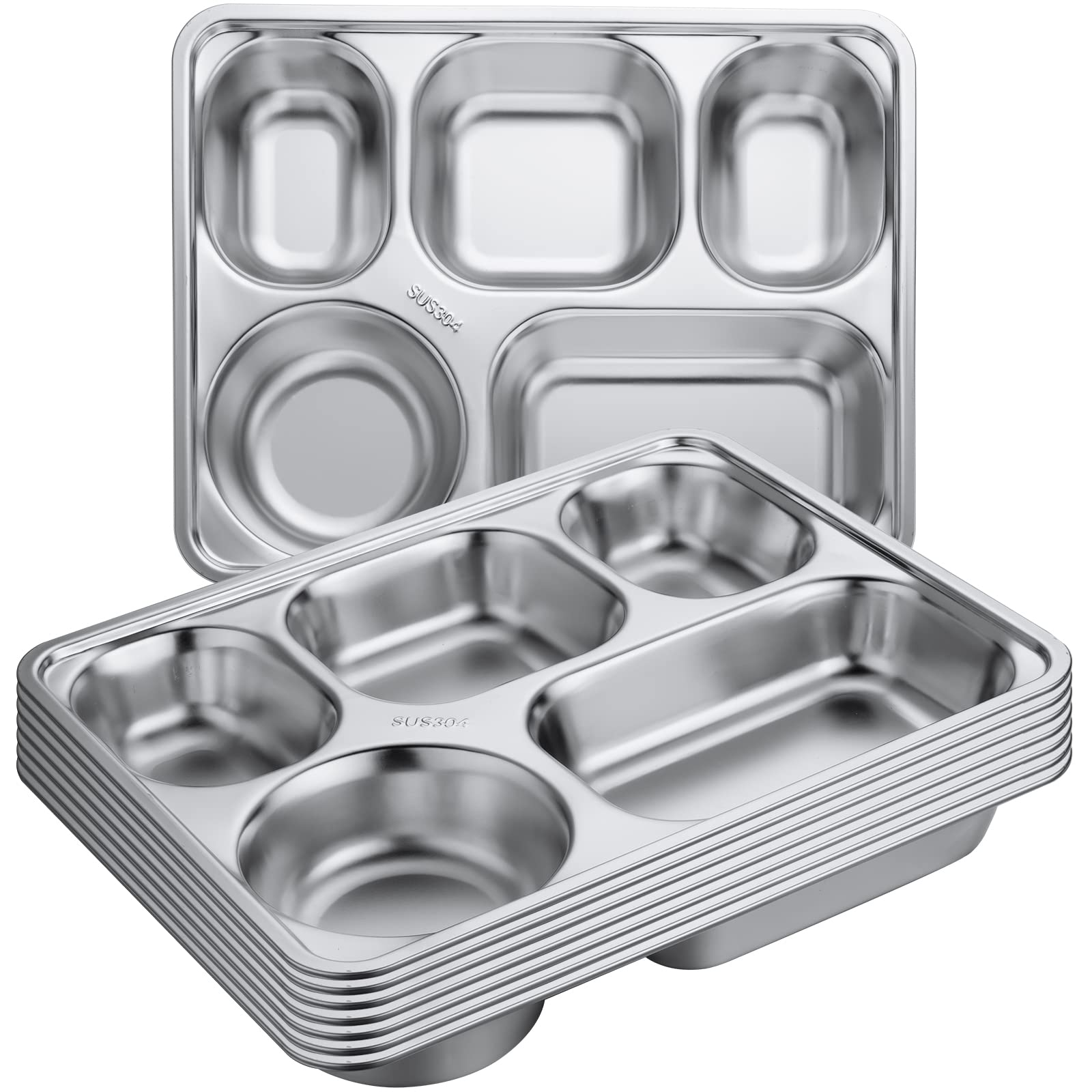 Foaincore 8 Pack 304 Stainless Steel Divided Plates Rectangular Portion Control Plates with Compartments Unbreakable Metal Food 
