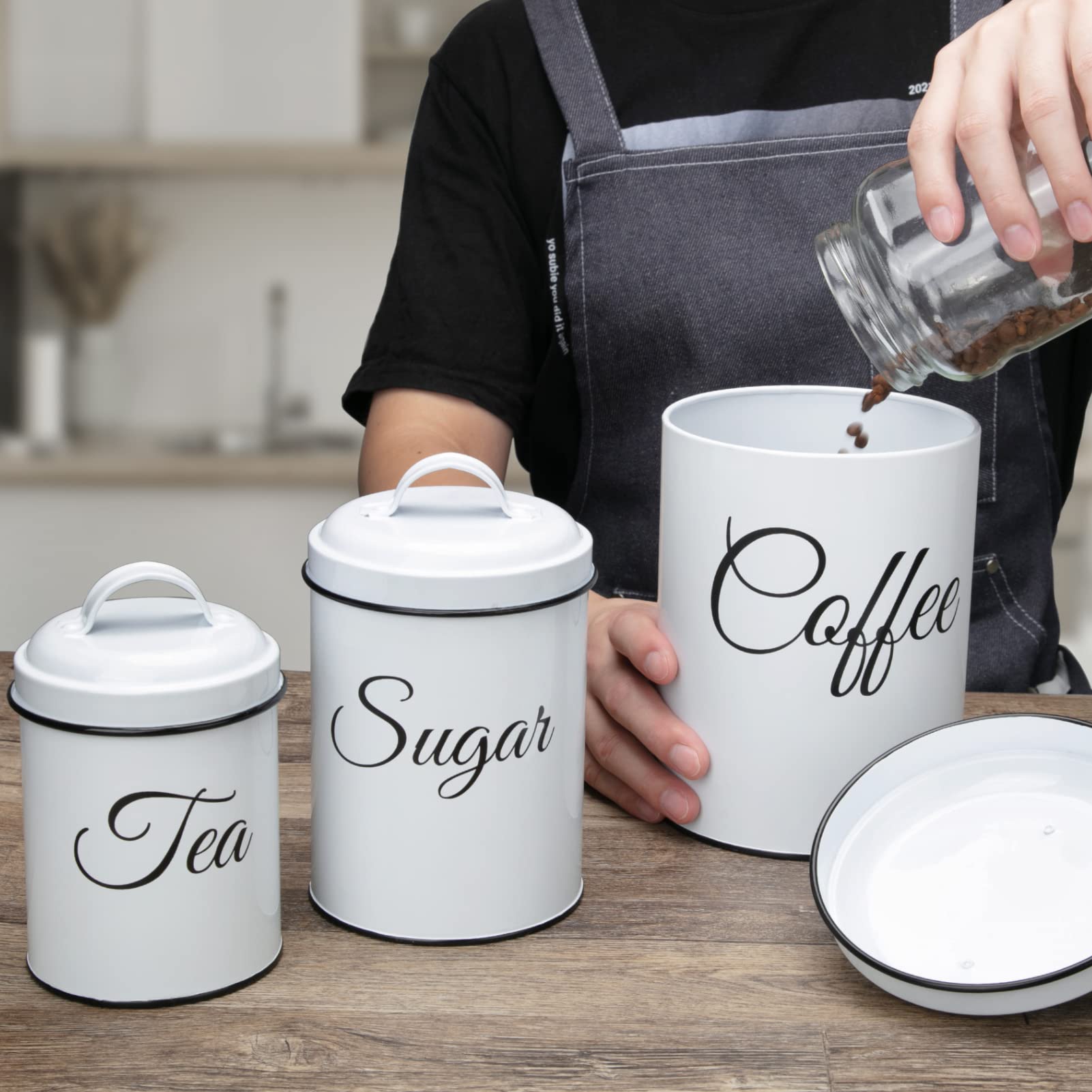 Glowsol Canister Sets For Kitchen Counter, Coffee Tea Sugar Canister Set, Airtight White Food Storage Jars With Lids, Rustic Far
