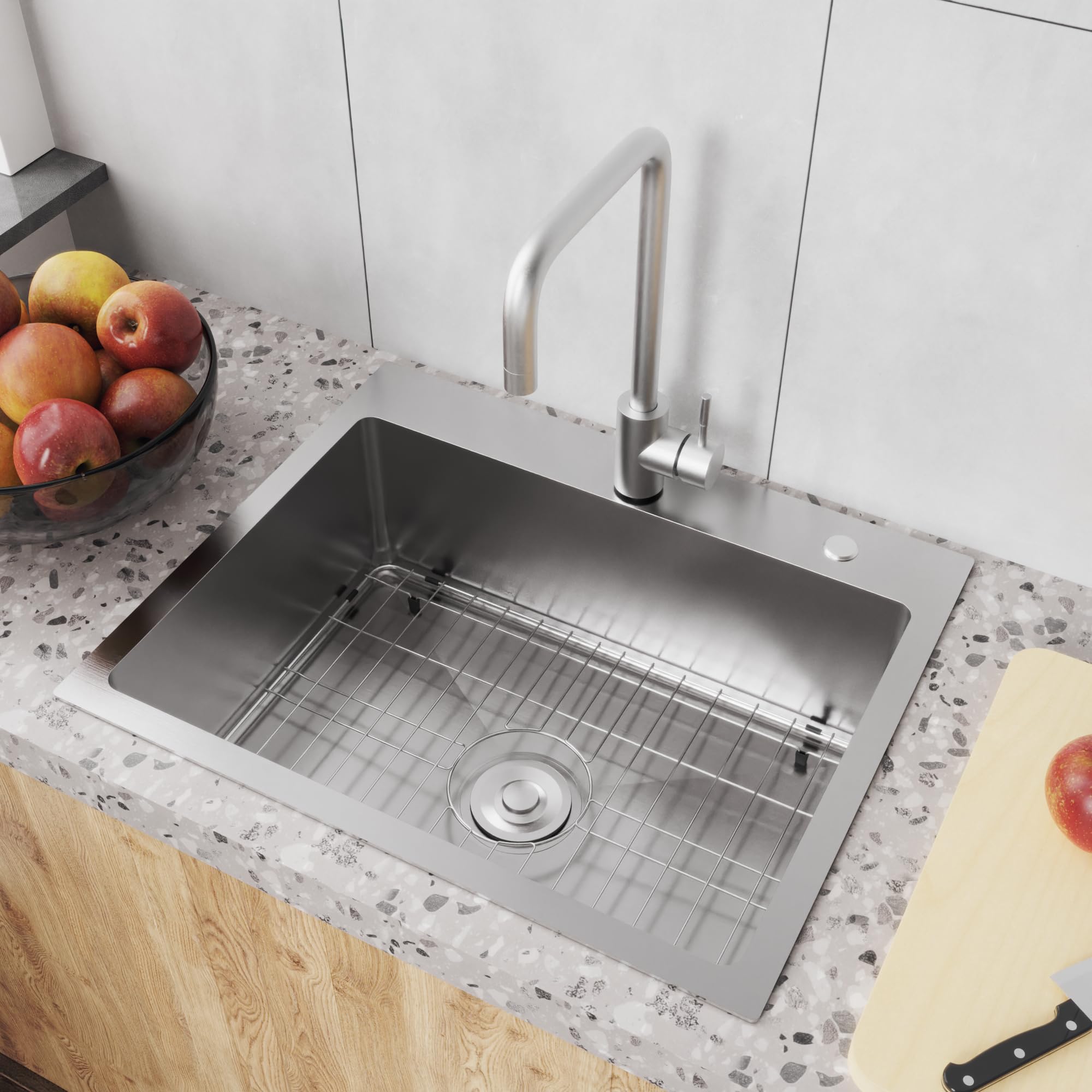 Bathenum 22'' X 18'' Drop In Kitchen Sink 304 Stainless Steel Single Bowl Topmount Kitchen Sink With Drain Kit And Bottom Grid,