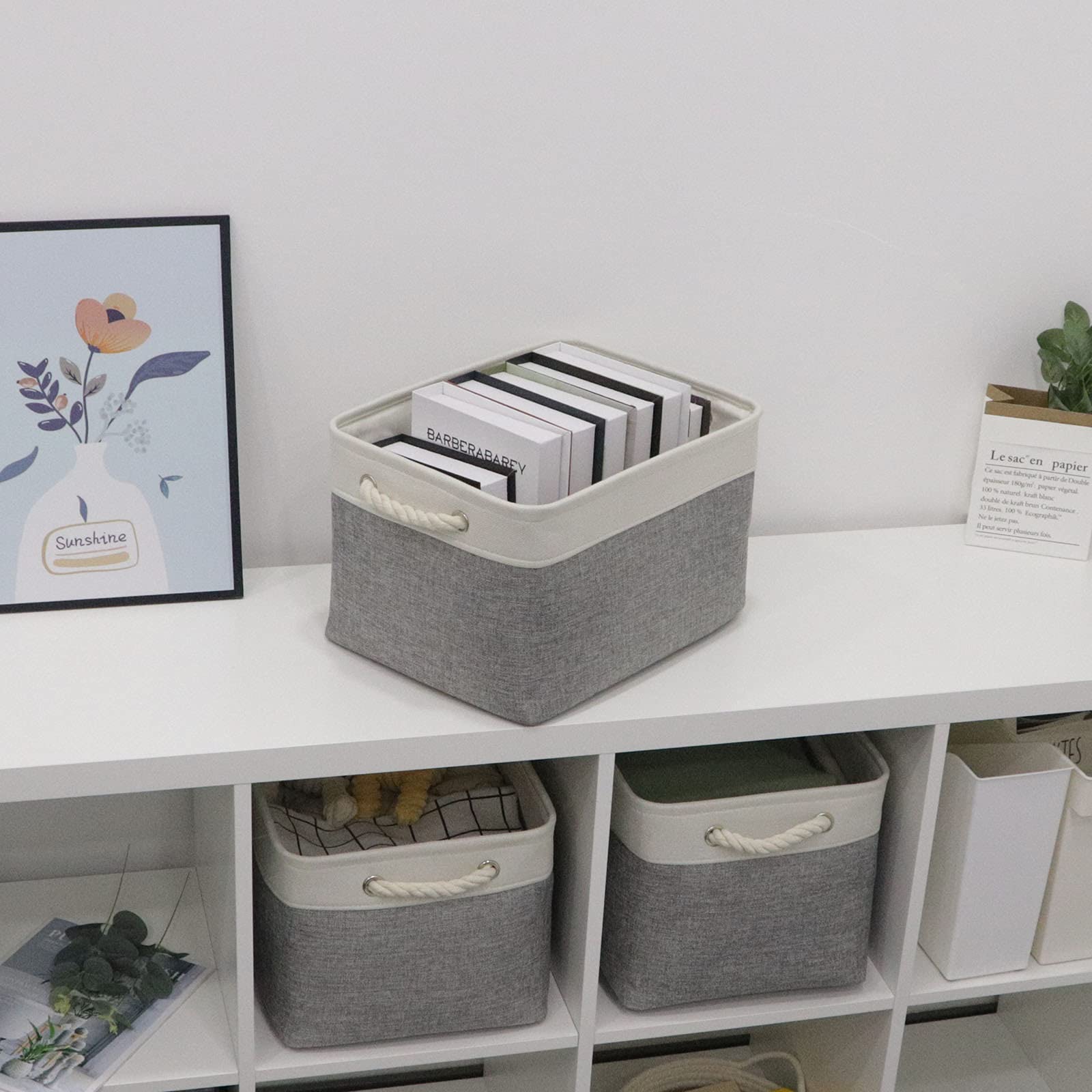 Bidtakay Baskets Set of 3 Storage Baskets for Organizing Large Fabric Storage Bins for Shelves Decorative Canvas Bins Collapsible Empty Baskets for Closet Nursery Clothes Toys Shoes(White&Grey)