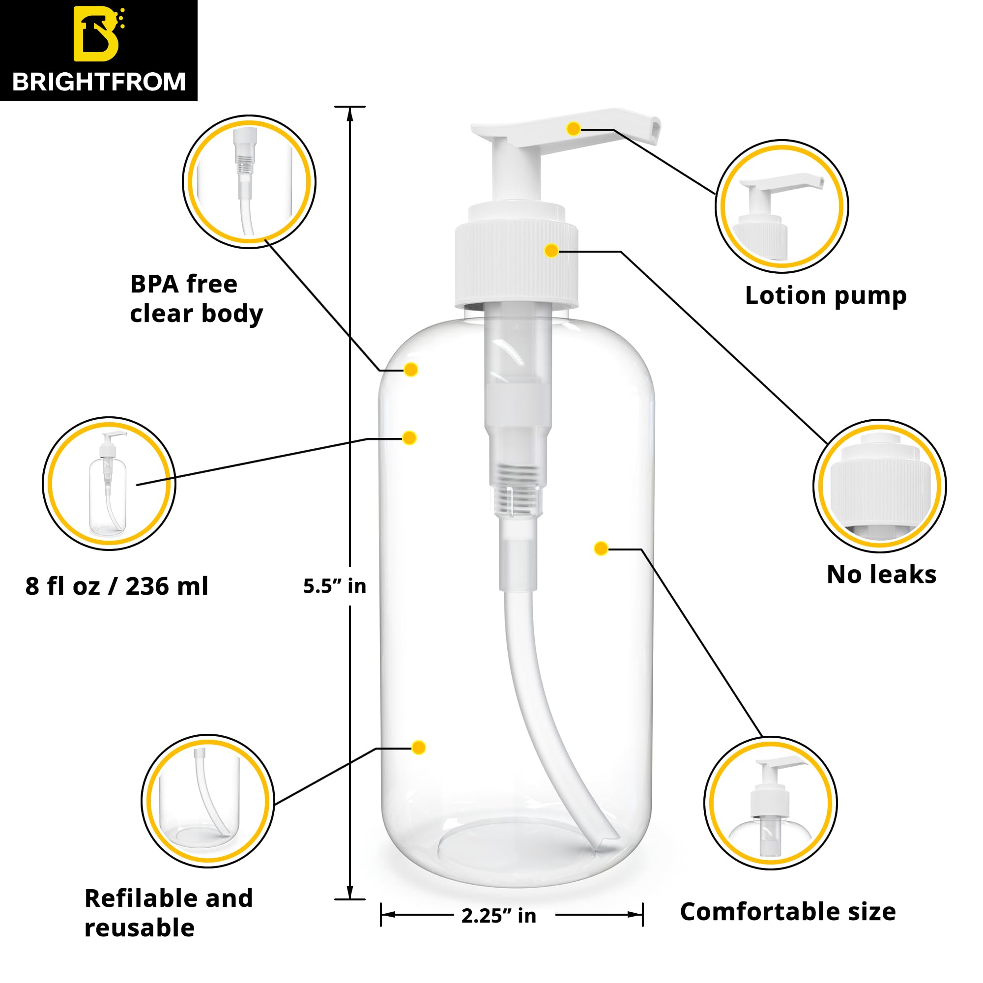 Brightfrom Plastic Bottles With Pump Dispenser, 8 Oz Empty, Bpa Free Refillable Containers For Body Wash, Moisturizer, Face Crea