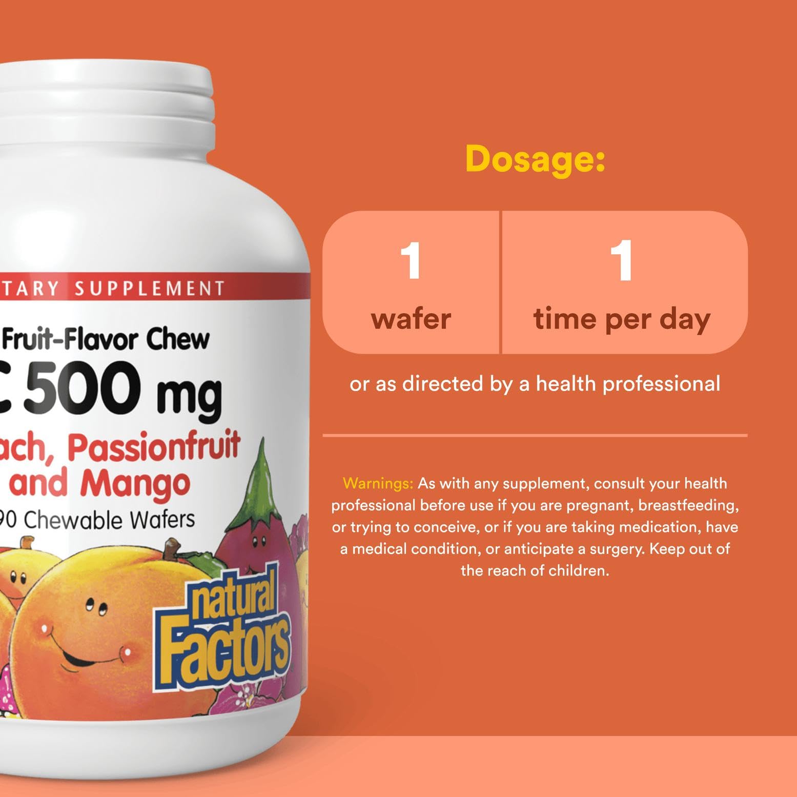 Natural Factors, Kids Chewable Vitamin C 500 Mg, Supports Immune Health, Bones, Teeth And Gums, Peach, Passionfruit And Mango, 9