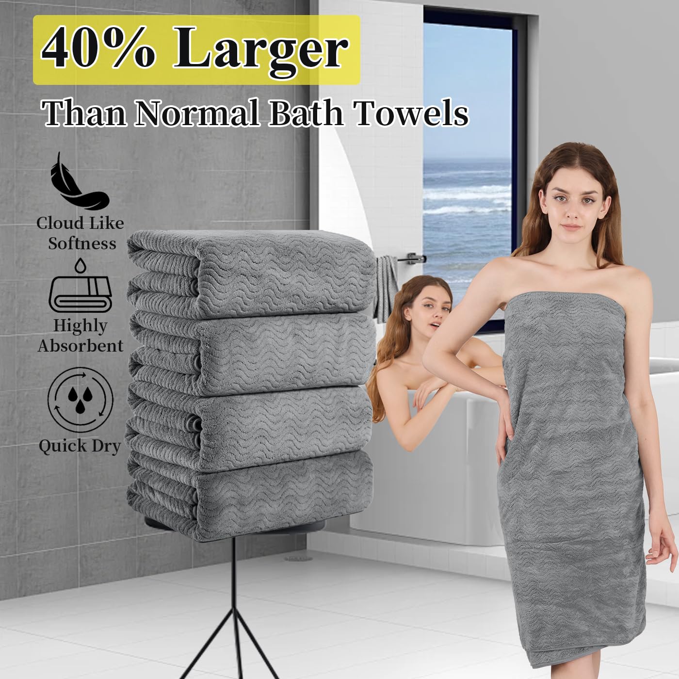 4 Piece Bath Towel Oversized Bath Sheet 35''x70'' Grey Bathroom Towel Extra Large Bath Towel Set Highly Absorbent Quick Dry Premium Towel for Bathroom Spa Gym Hotel 600GSM Shower Towel for Daily Use