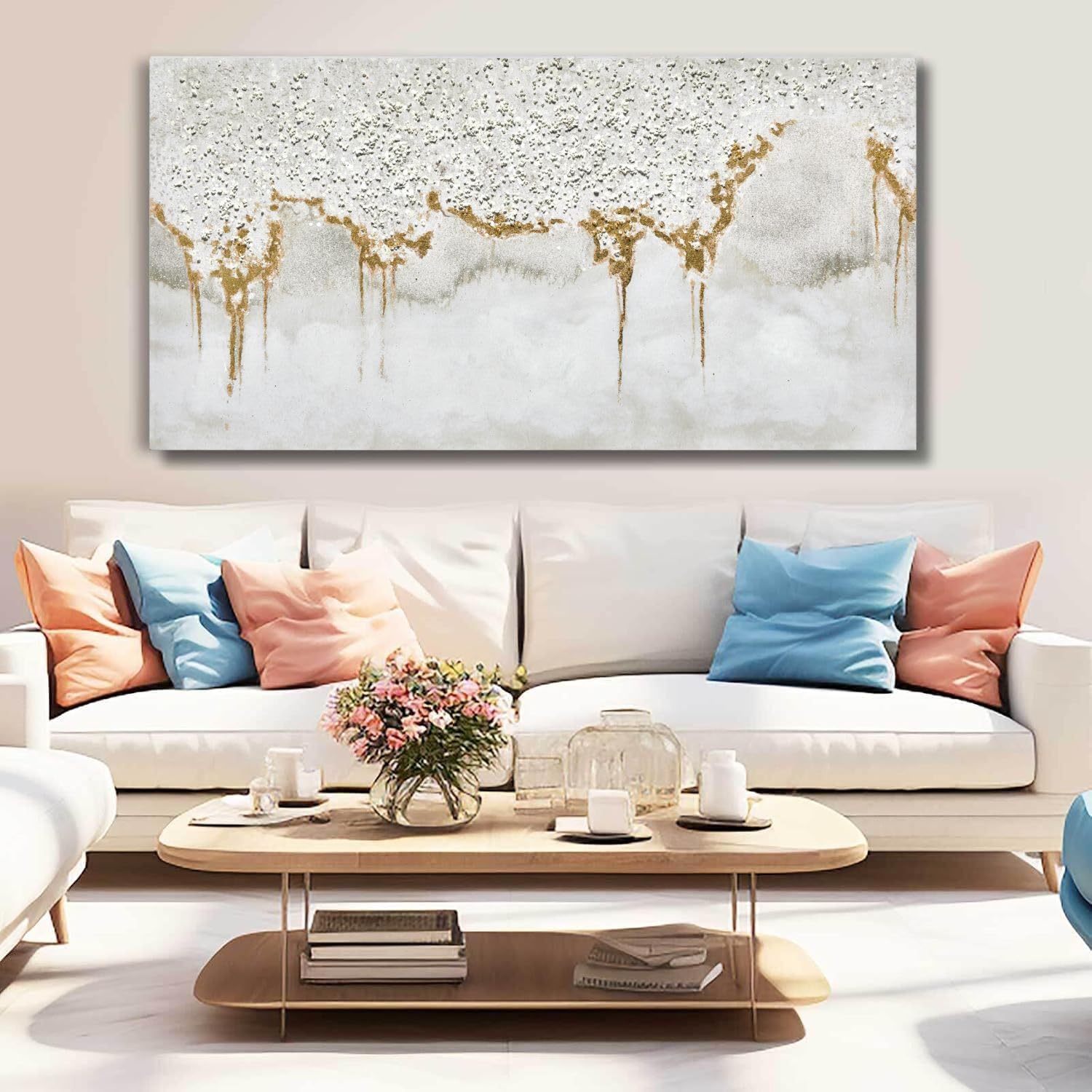 Train2 Art Textured Abstract Glitter Artwork Canvas Wall Art, White Acrylic Painting And Gold Foil Oil Painting Wall Art On Canv