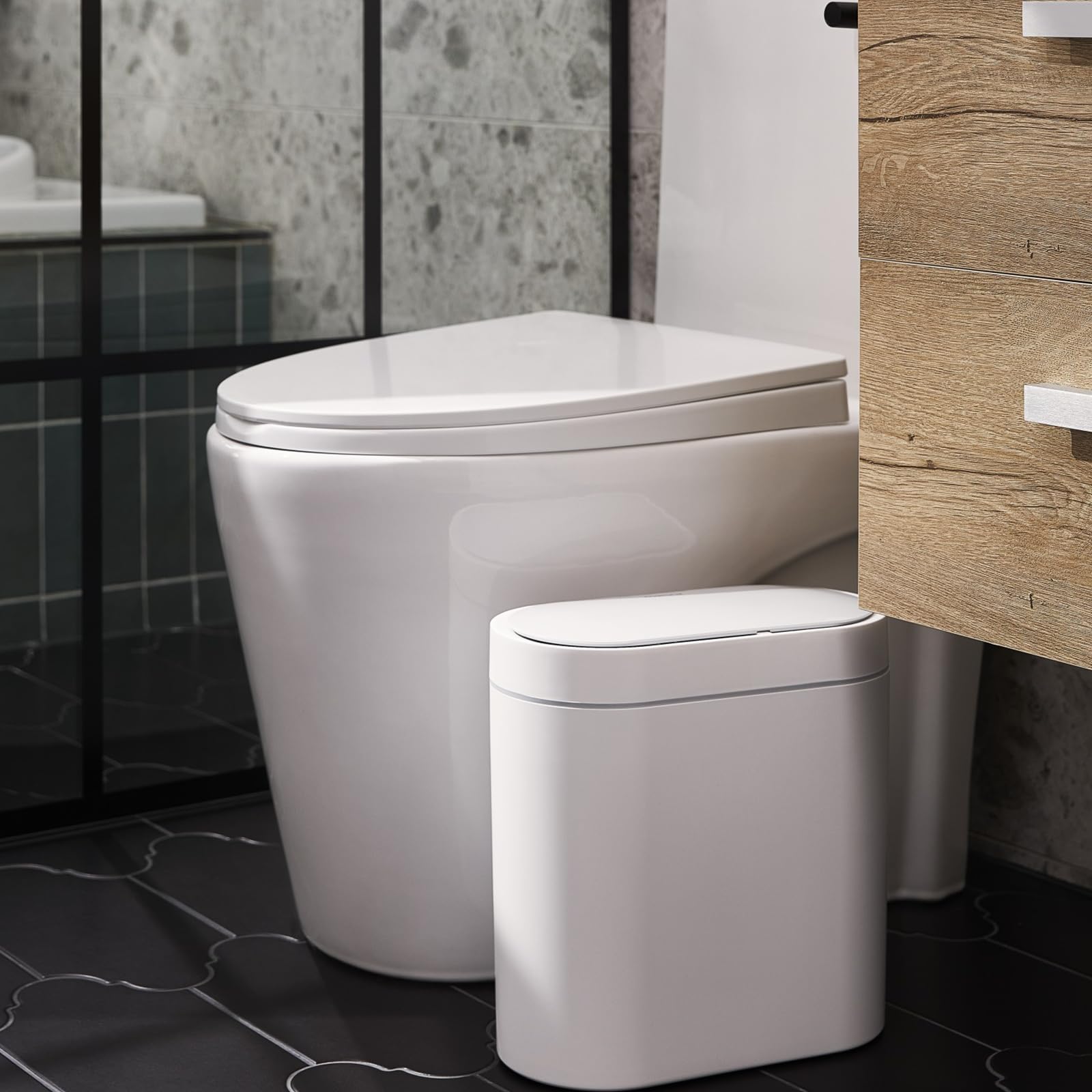 Elpheco Bathroom Motion Sensor Trash Can 2.5 Gallon Automatic Garbage Can, 9.5L Slim Plastic Smart Trash Bin With Lid, Touchless