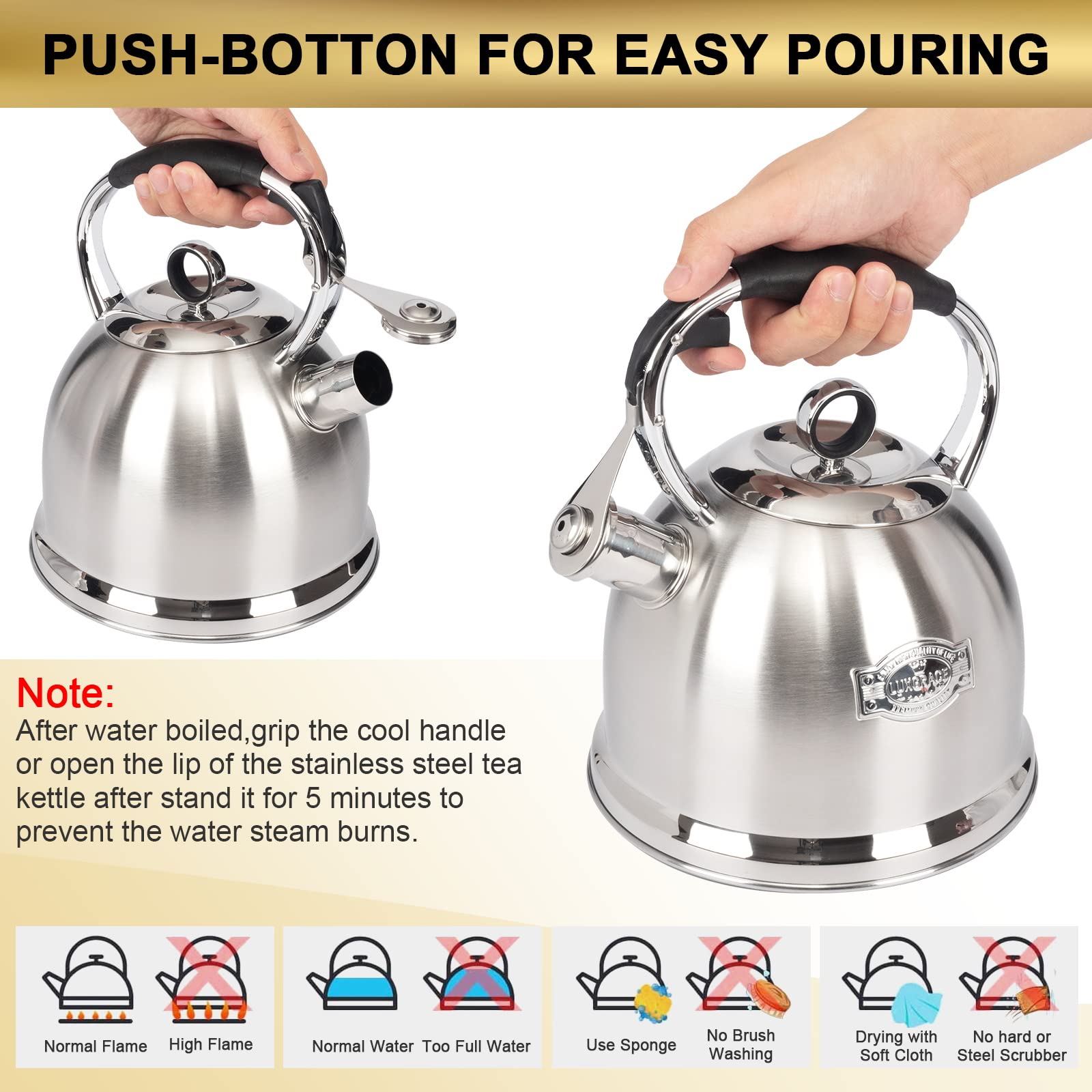 Tea Kettle For Stovetop, Food Grade Stainless Steel Water Kettle, Tea Pot For Home & Kitchen, 3.0 Qt
