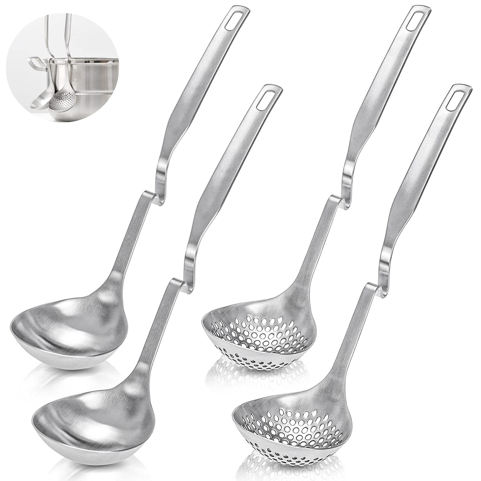 Peohud 4 Pack Soup Ladle Soup Colander, Sus304 Stainless Steel Slotted Hot Pot Ladle Strainer Scoops, Thickening Cooking Skimmer
