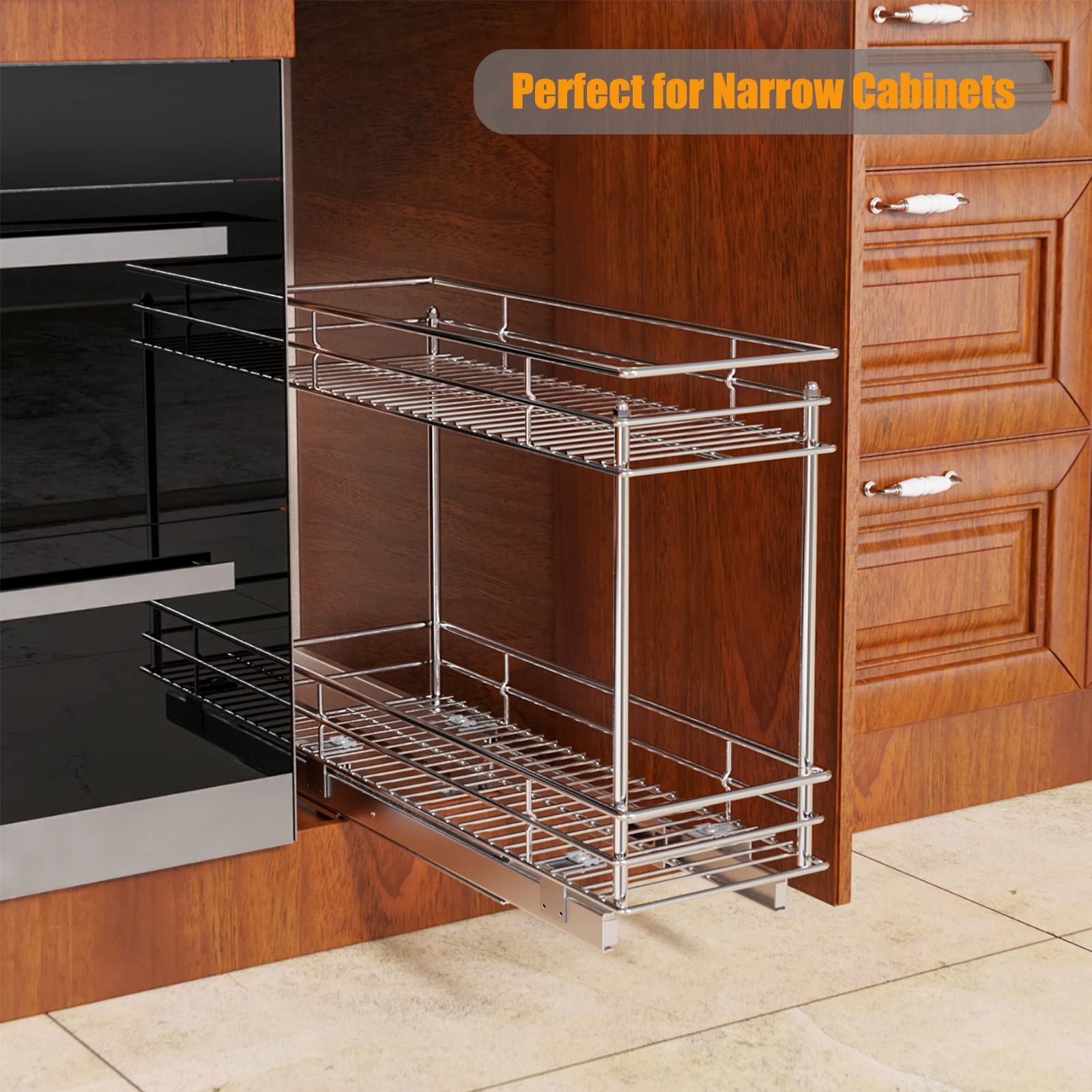 Roomtec Pull Out Cabinet Organizer For Narrow Cabinet (5'' W X 21'' D), Kitchen Cabinet Organizer And Storage 2-Tier Cabinet Pul
