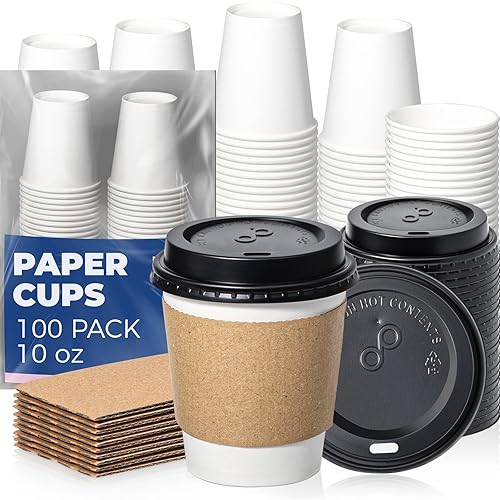 Fit Meal Prep [100 Pack 10 oz Coffee Cups with Lids and Kraft Sleeves  Premium Disposable Paper Coffee Cups  Durable Thickened To Go Hot Cups for Hot Beverage Chocolate Tea Cocoa